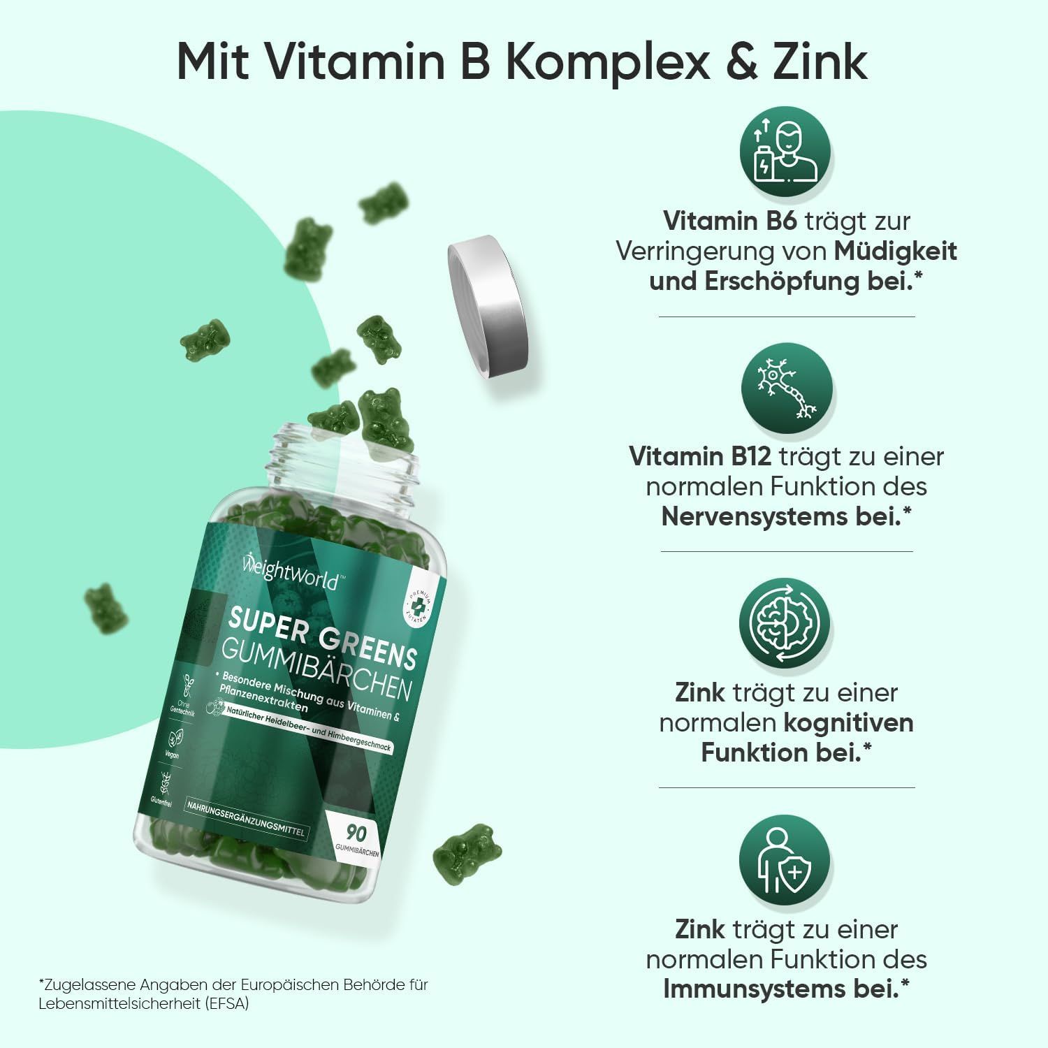 Gummibärchen fliegen aus einer Flasche. Text: Super Greens Gummibärchen. Informationen zu Vitamin B und Zink.