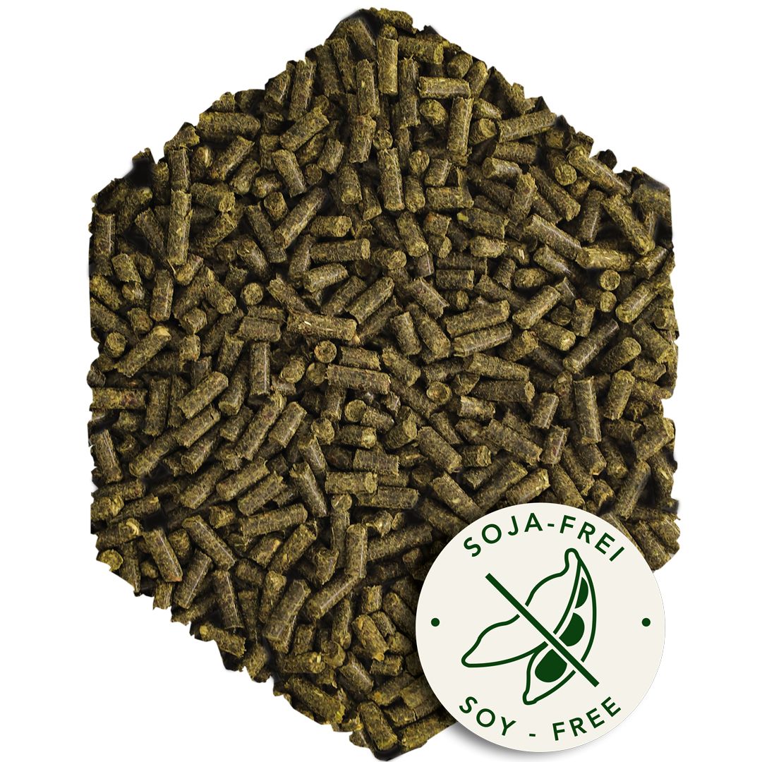 Haufen von grünen Pellets. Aufkleber "SOJA-FREI / SOY-FREE".