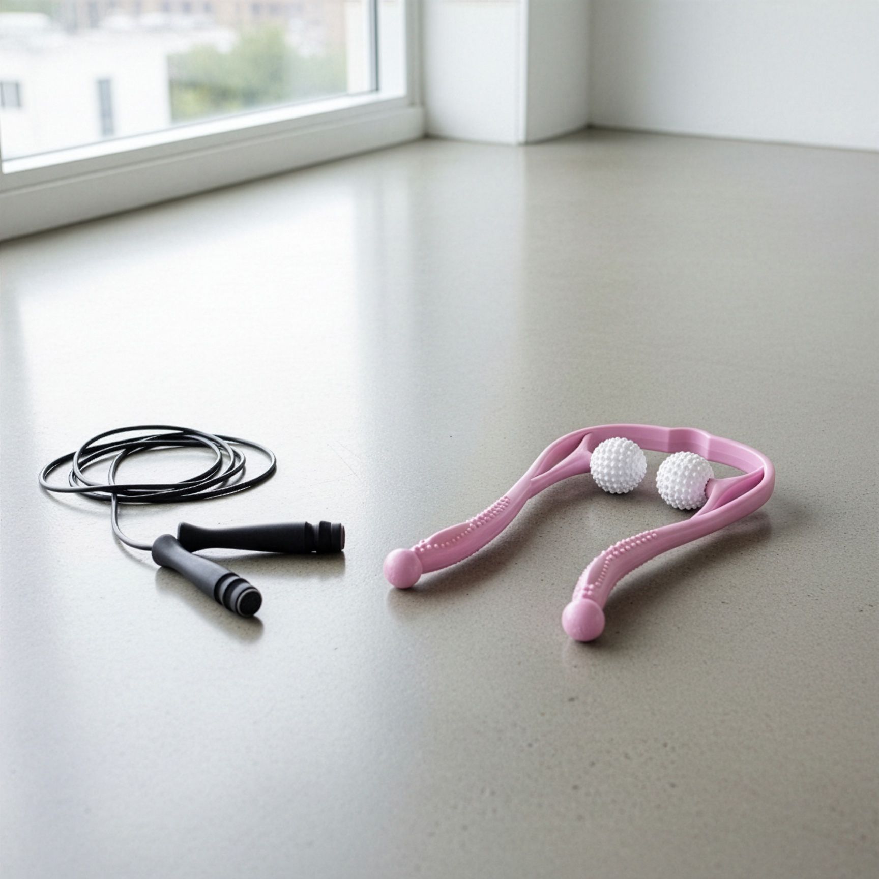 Rosa Nacken- & Schultermassager und schwarzes Springseil auf grauem Boden. Zwei weiße Kugeln am Massager.