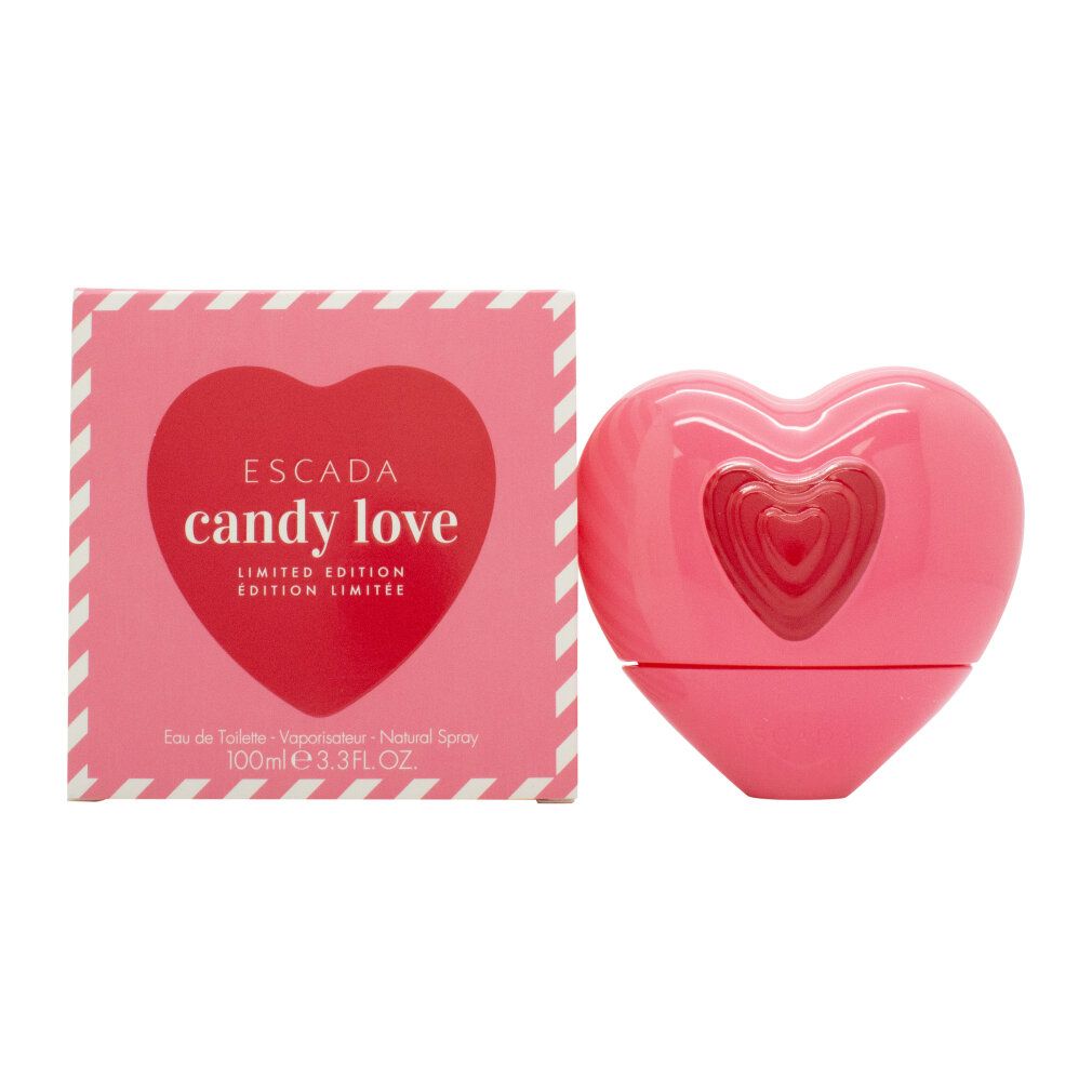 Rosa Herzflakon und Schachtel mit "Escada Candy Love"-Logo. Flakon und Schachtel nebeneinander.