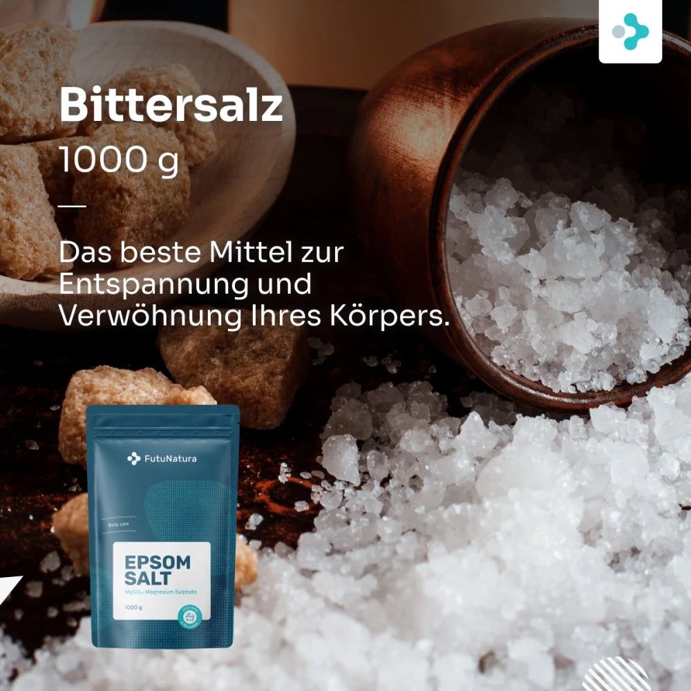 Bittersalz 1000 g, grobe Kristalle und Beutel.