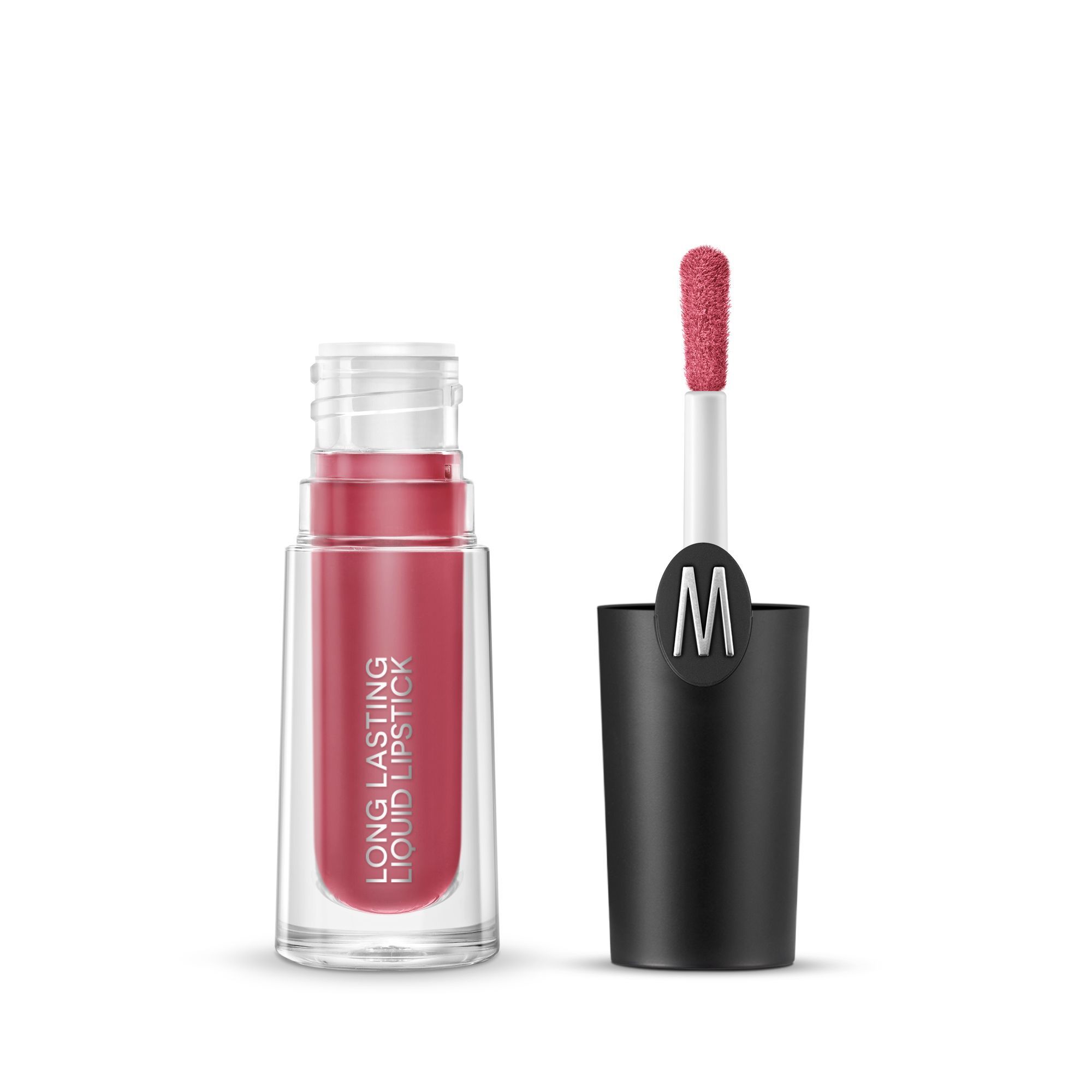 Flüssiger Lippenstift in einer transparenten Flasche. Schwarzer Deckel mit Applikator. Rosa Lippenstiftfarbe sichtbar. Aufschrift: LONG LASTING LIPSTICK.