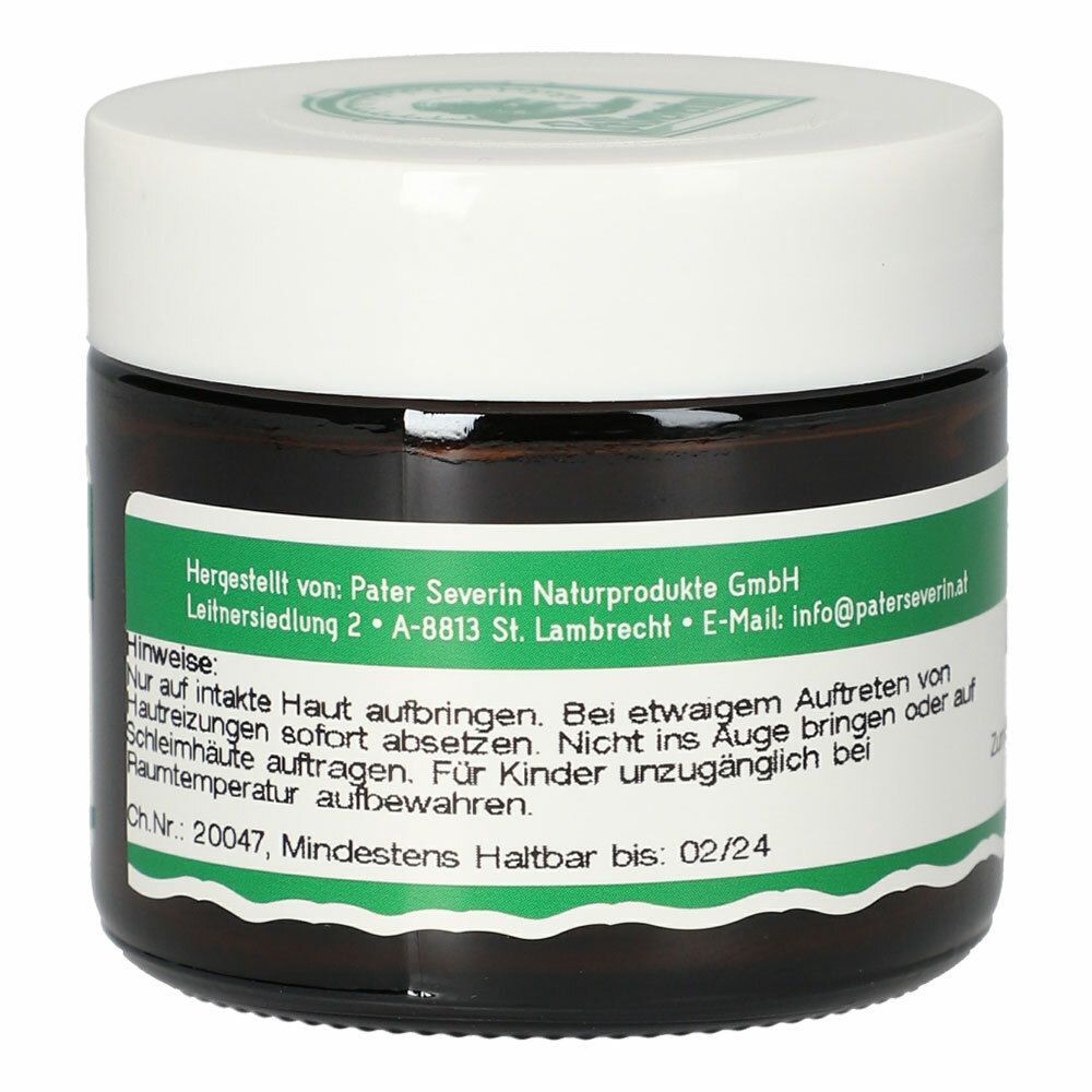 Braune Glasdose mit weißem Deckel. Grün-weiße Banderole mit Text. Aufschrift: St. Severin Naturprodukte GmbH. Mindestens haltbar bis 02/24.