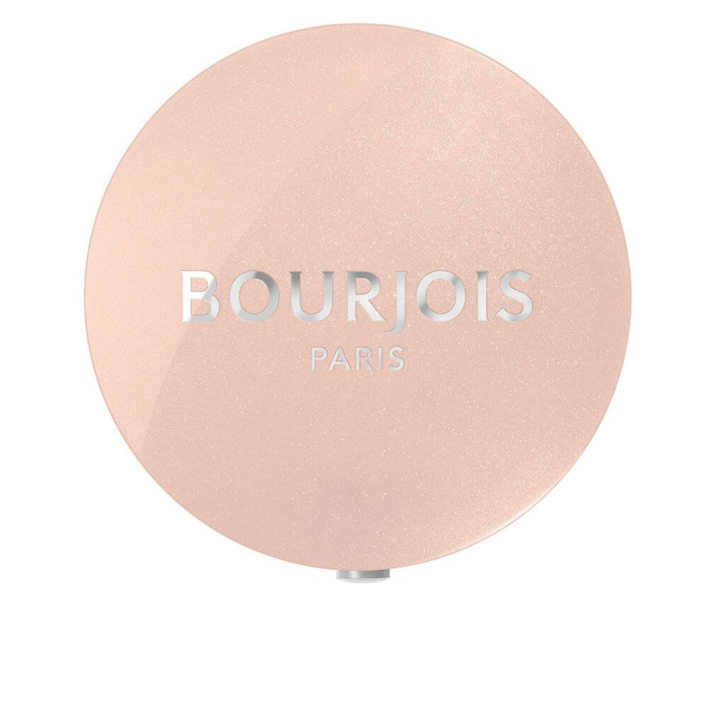 Runder, beigefarbener Lidschatten-Behälter mit silbernem Schriftzug 'BOURJOIS PARIS'.