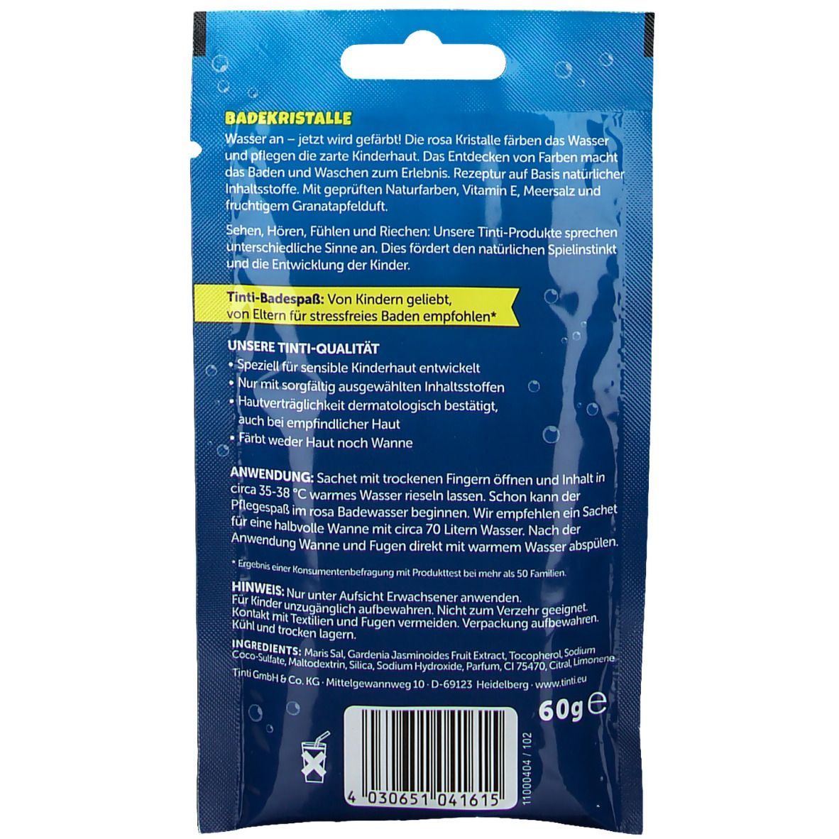Rückseite des Tinti Badekristalle-Beutels. Text: "Badekristalle", Inhaltsstoffe, Anwendungshinweise. Enthält ein Siegel "Von Eltern empfohlen".