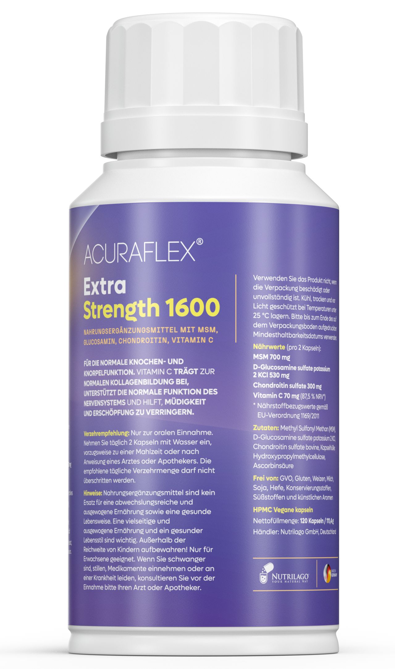 ACURAFLEX Extra Strength 1600 Flasche. Enthält MSM, Glucosamin, Chondroitin und Vitamin C. Rückseite mit Inhaltsstoffen und Anwendungshinweisen.
