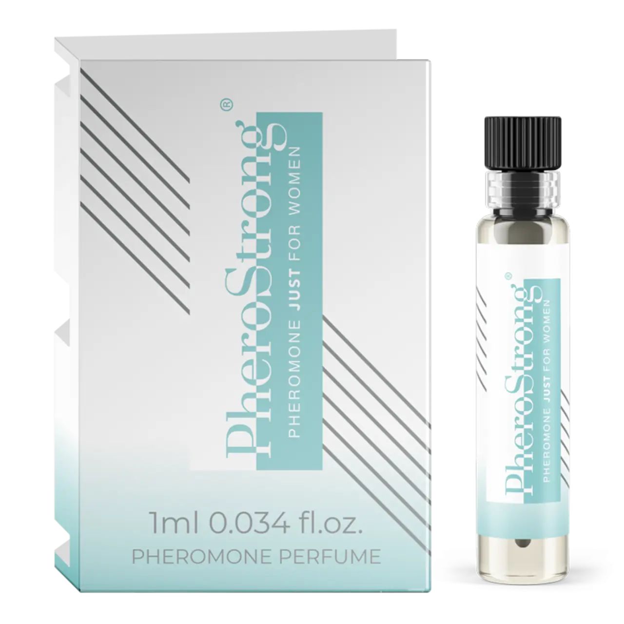 Karton und Flakon mit Pheromon-Parfüm. Aufschrift: PheroStrong, Pheromone Just For Women, 1ml 0.034 fl.oz.