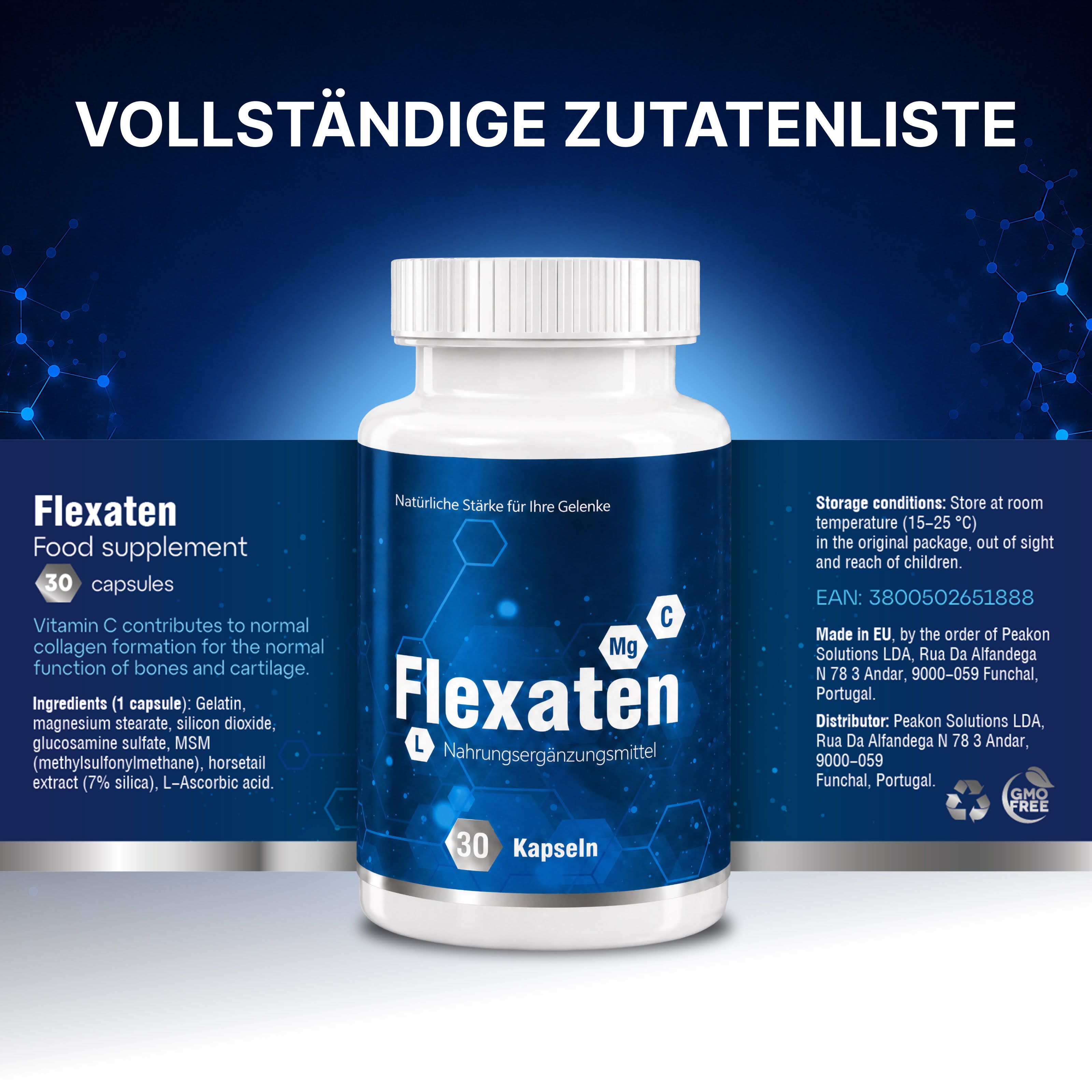 Flexaten Nahrungsergänzungsmittel: 30 Kapseln in weißer Dose. Enthält Vitamin C, Magnesium, MSM.