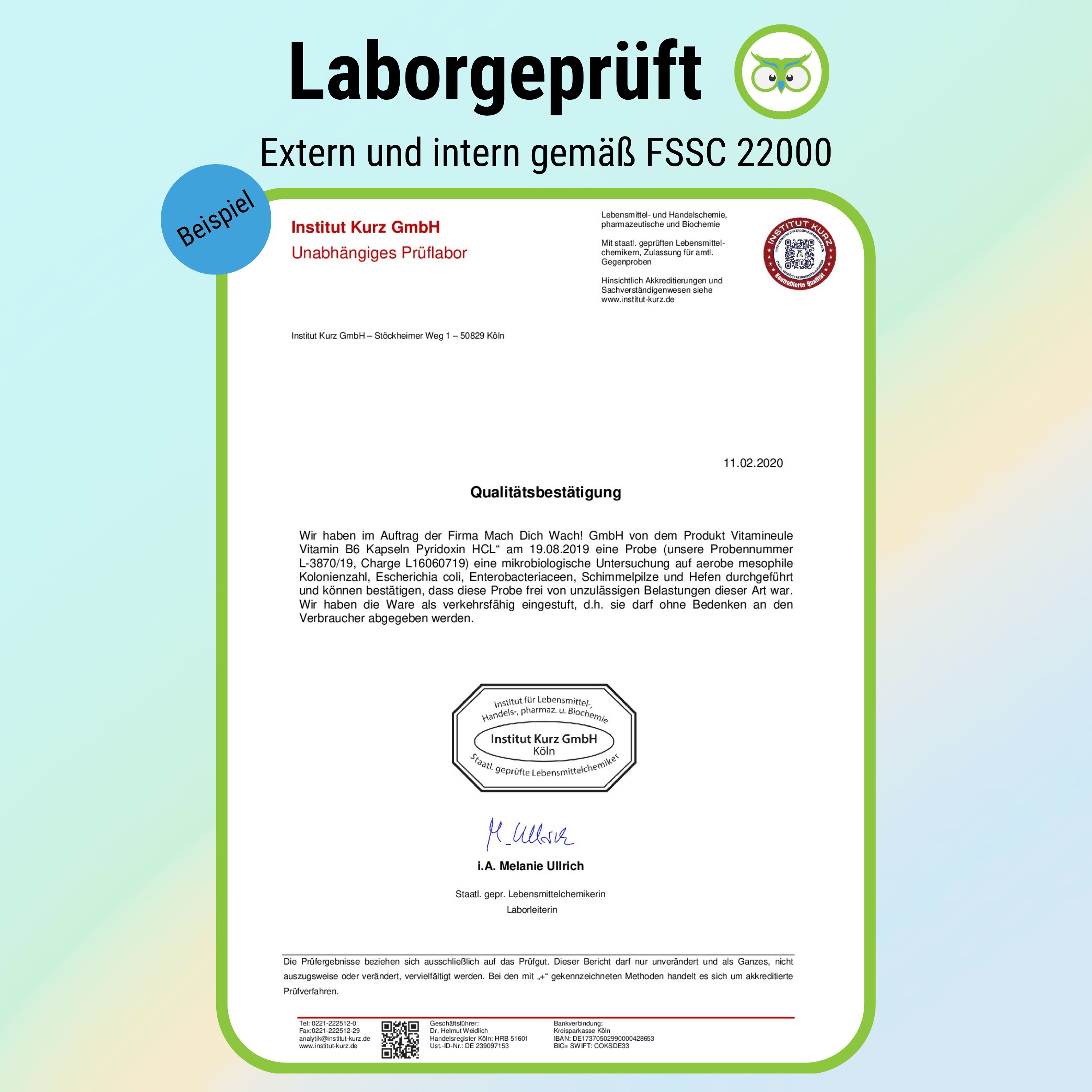 Zertifizierungsdokument. Institut Kurz GmbH. Unabhängiges Prüflabor. FSSC 22000. Bestätigung der Qualität von Vitamin B6 Kapseln.
