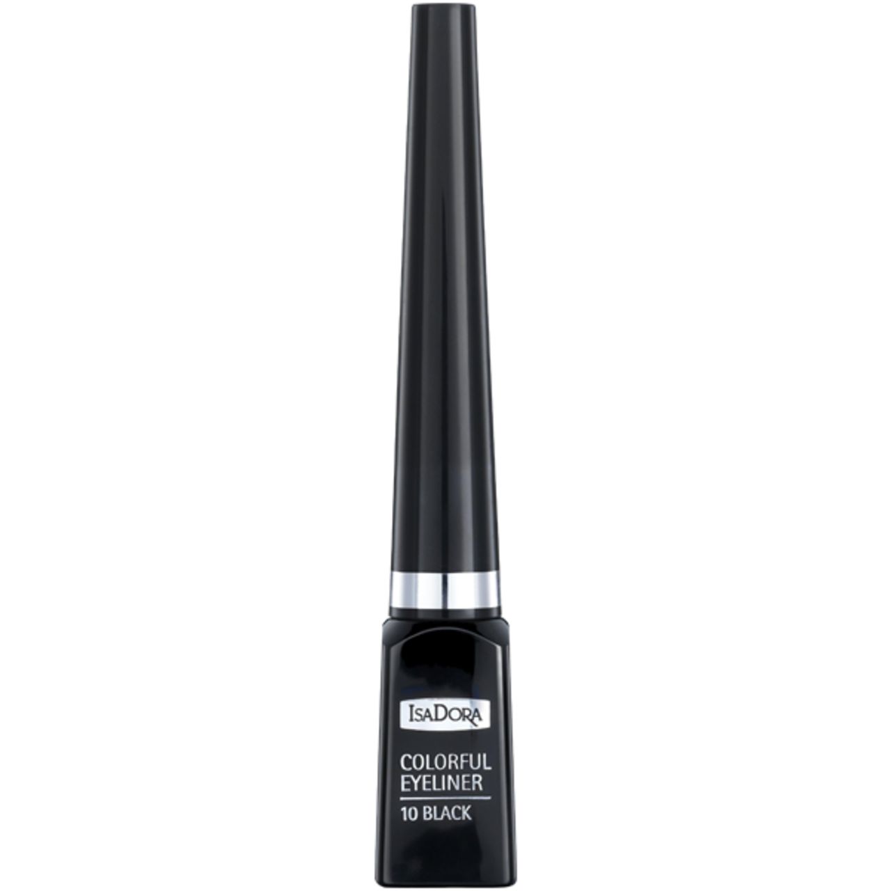 Schwarzer IsaDora Colorful Eyeliner. Flasche mit spitzem Applikator. Produktname und Farbton auf der Flasche.