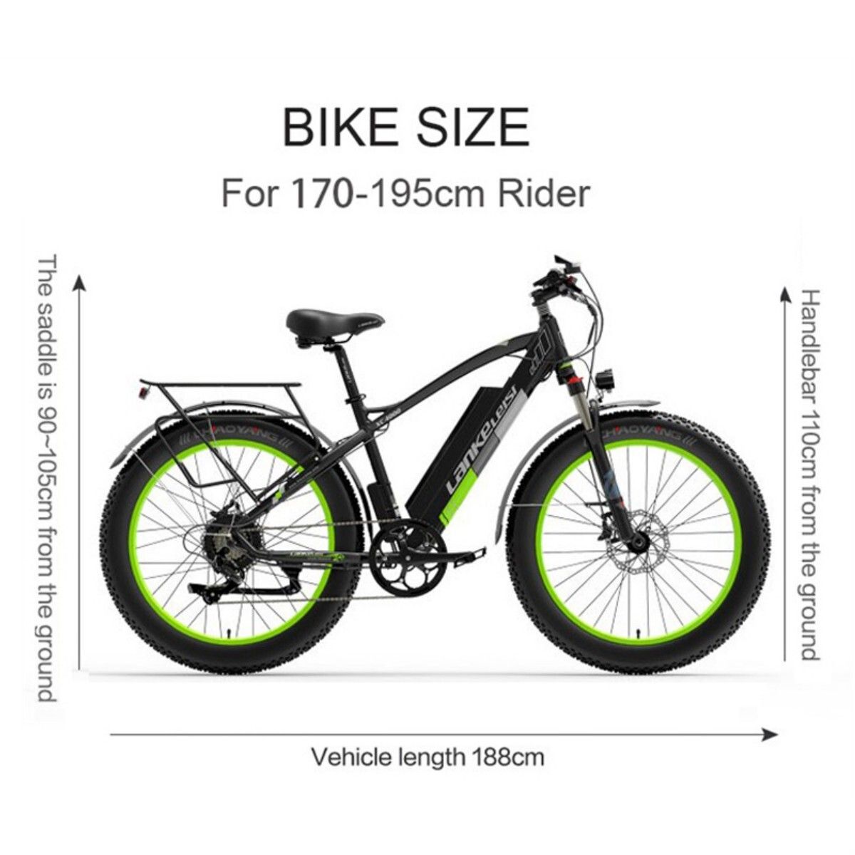 Schwarzes E-Mountainbike mit grünen Akzenten. Abmessungen: 188 cm lang, Lenker 110 cm hoch, Sattel 90-105 cm hoch. Für Fahrer 170-195 cm.