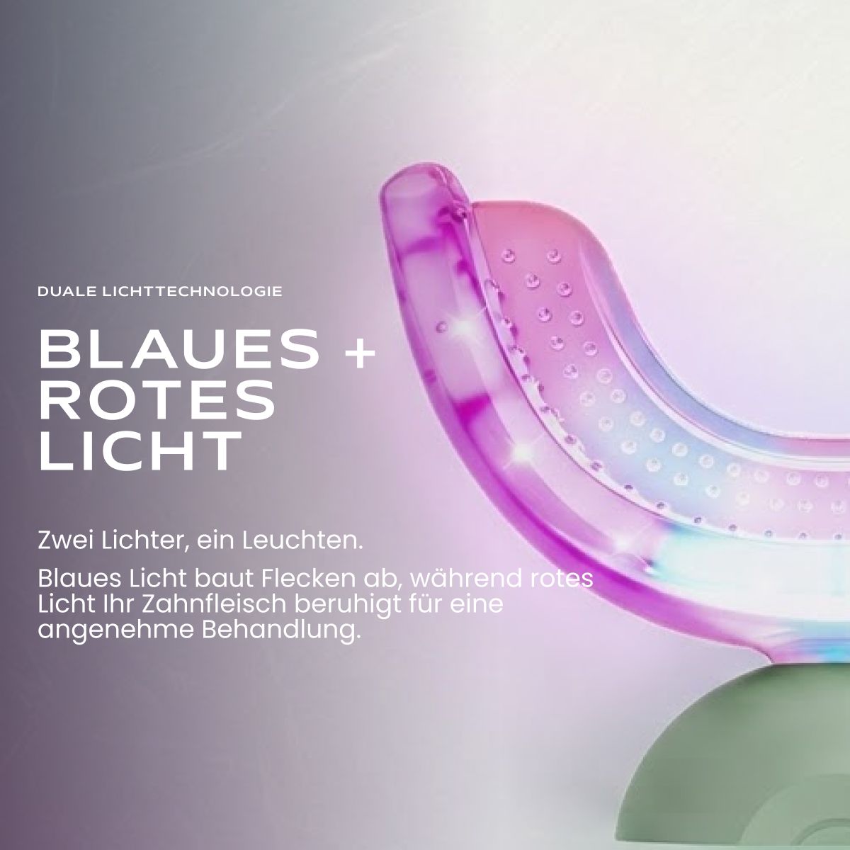 Mundstück des Zahnaufhellungsgeräts mit blauem und rotem Licht.