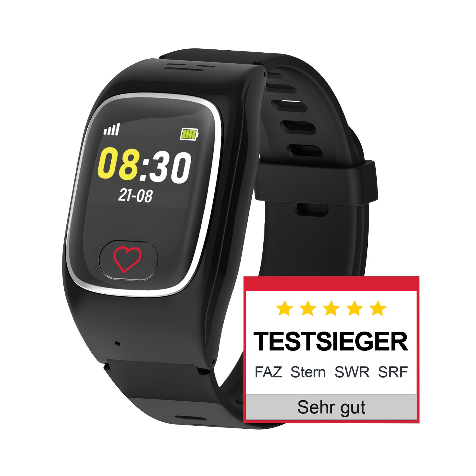 Schwarze Smartwatch mit digitaler Anzeige und rotem Herzsymbol. Testsiegel. Schwarzes Armband.