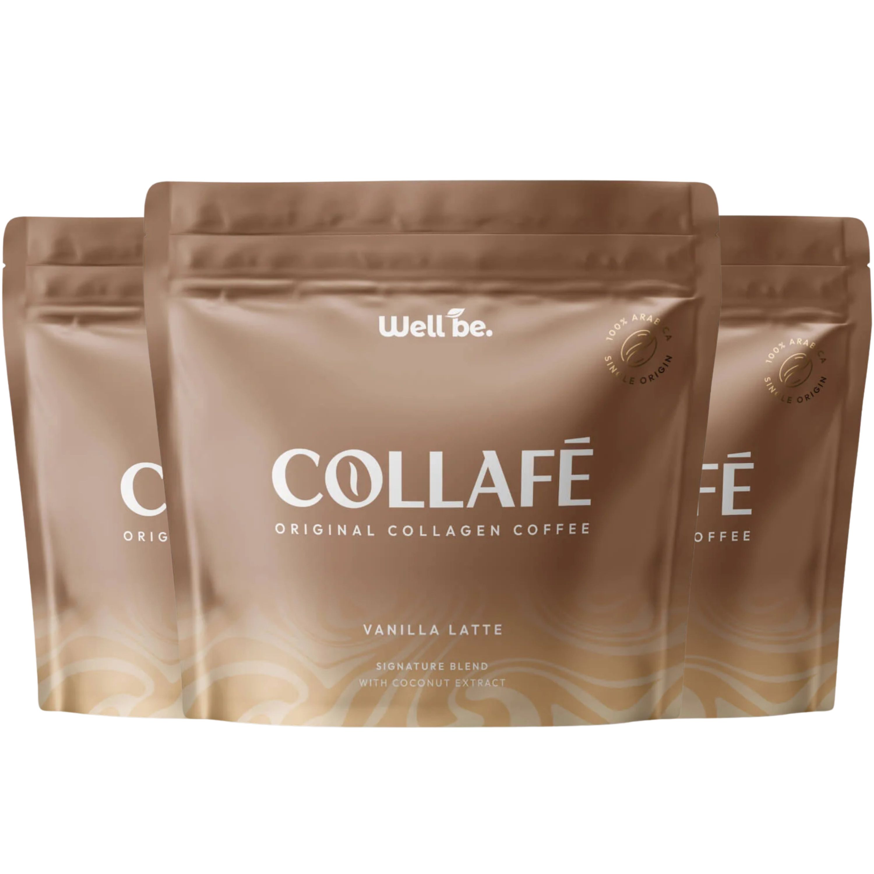 Drei braune Beutel mit Collagé Original Collagen Coffee, Vanille Latte.