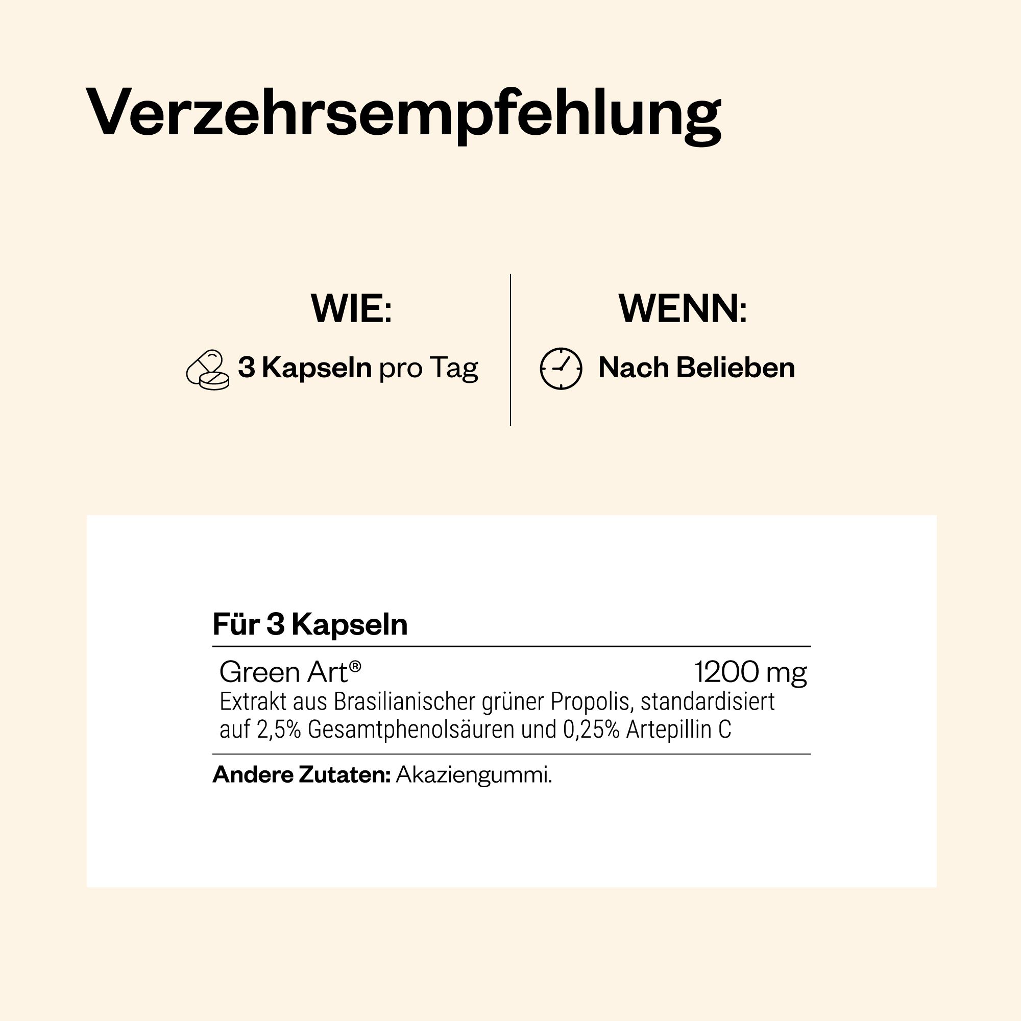 Informationen zur Verzehrsempfehlung. 3 Kapseln pro Tag. Für 3 Kapseln: 1200 mg Green Art® Extrakt. Andere Zutaten: Akaziengummi.