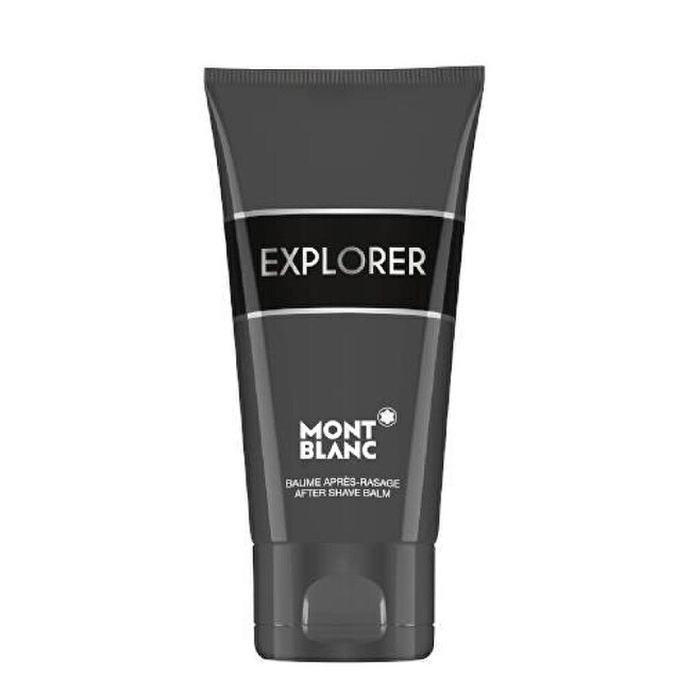 Graue Tube mit weißer Schrift: EXPLORER, MONTBLANC, BAUME APRÈS-RASAGE, AFTER SHAVE BALM. Grauer Deckel.