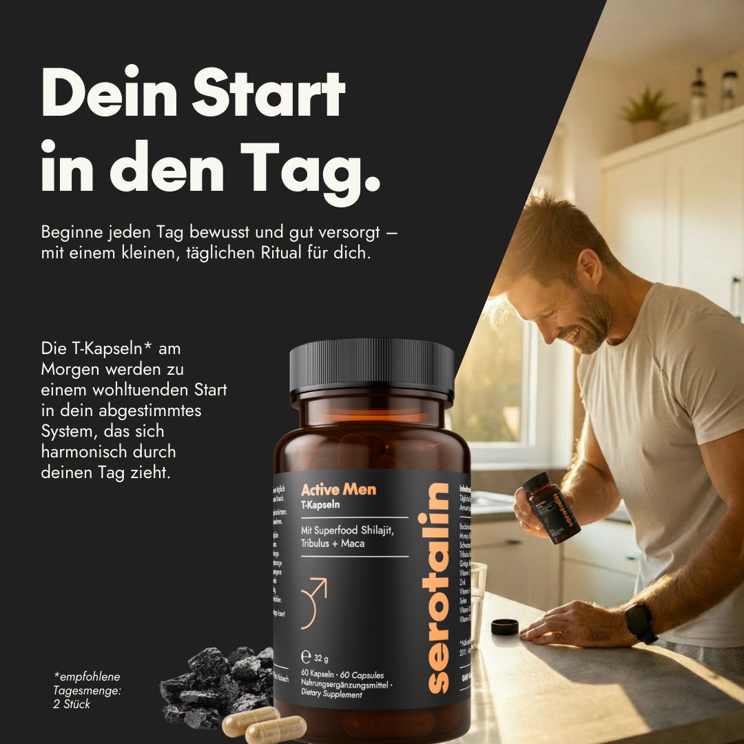 Braune Kapsel-Flasche mit serotalin-Logo. Mann hält eine Kapsel-Flasche. Aufschrift: Active Men Kapseln. Mit Superfood Shilajit, Tribulus + Maca.