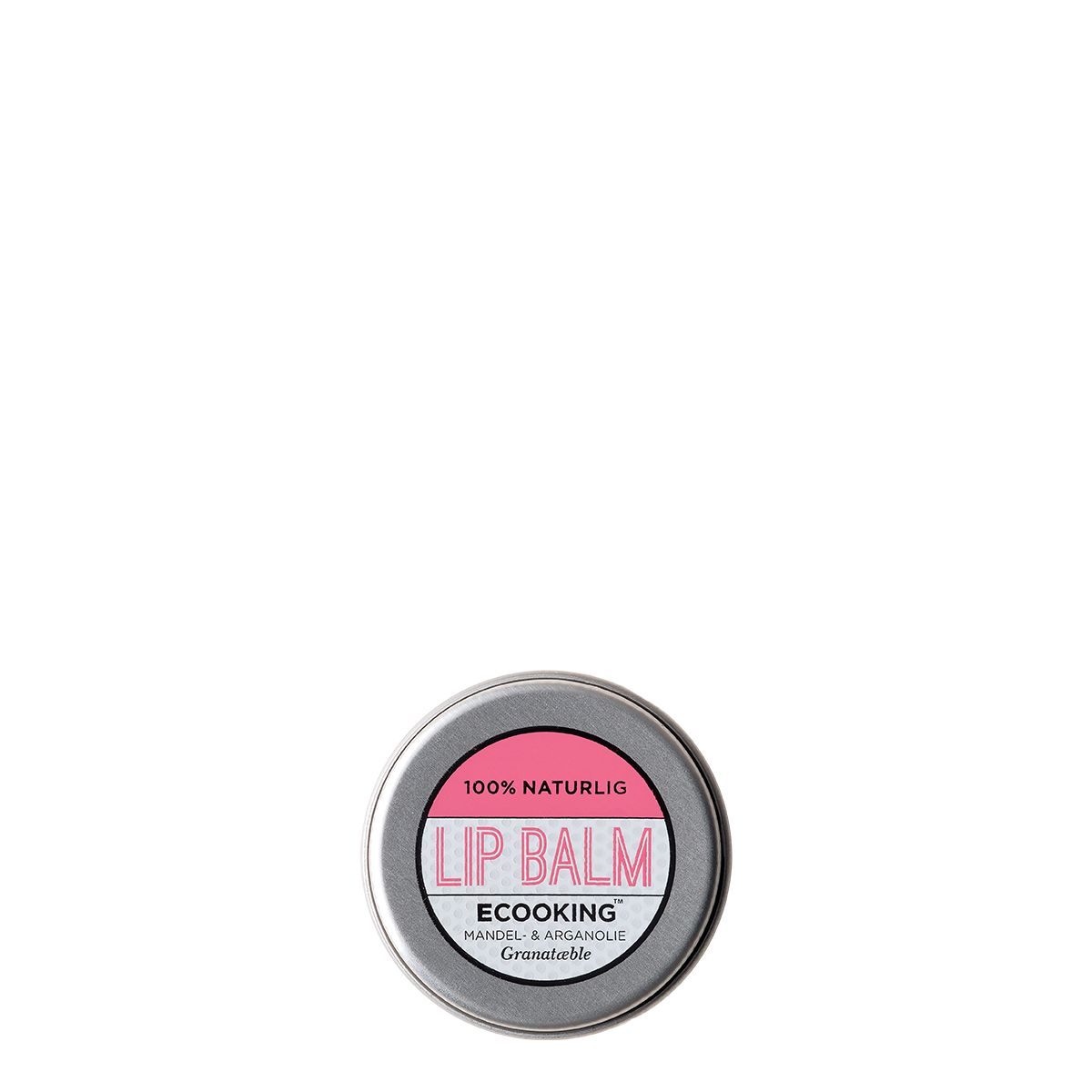 Runder, silberfarbener Tiegel mit rosa Deckel. Aufschrift: "LIP BALM", "ECOOKING" und "Granatapfel".