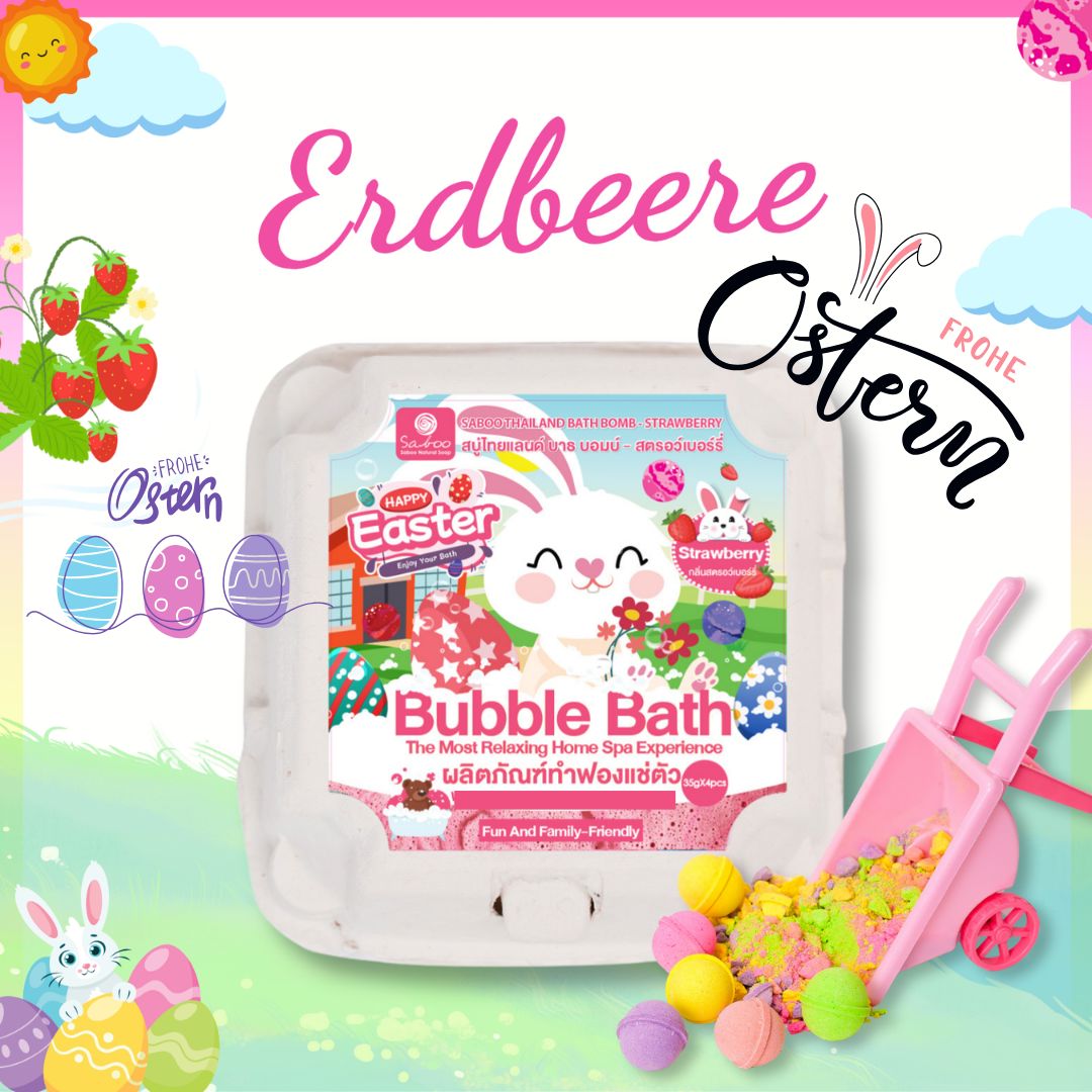 Erdbeer-Badbomben in Eierkarton-Verpackung. Hase, Ostereier und Schubkarre mit bunten Kugeln. Text: Erdbeere, Frohe Ostern.