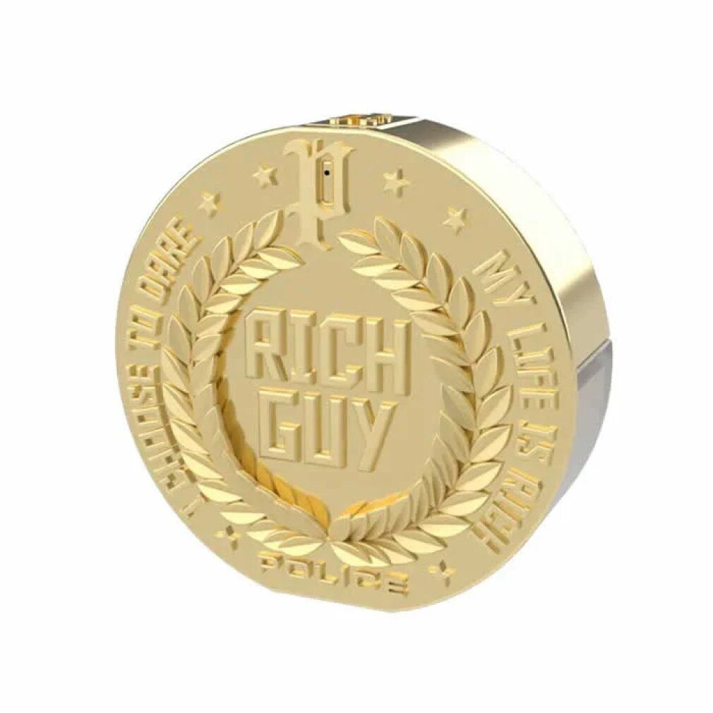 Goldfarbener Flakon, rund, mit Aufschrift RICH GUY. Umrandet von Lorbeerzweigen und Text. Teilweise silberfarben.