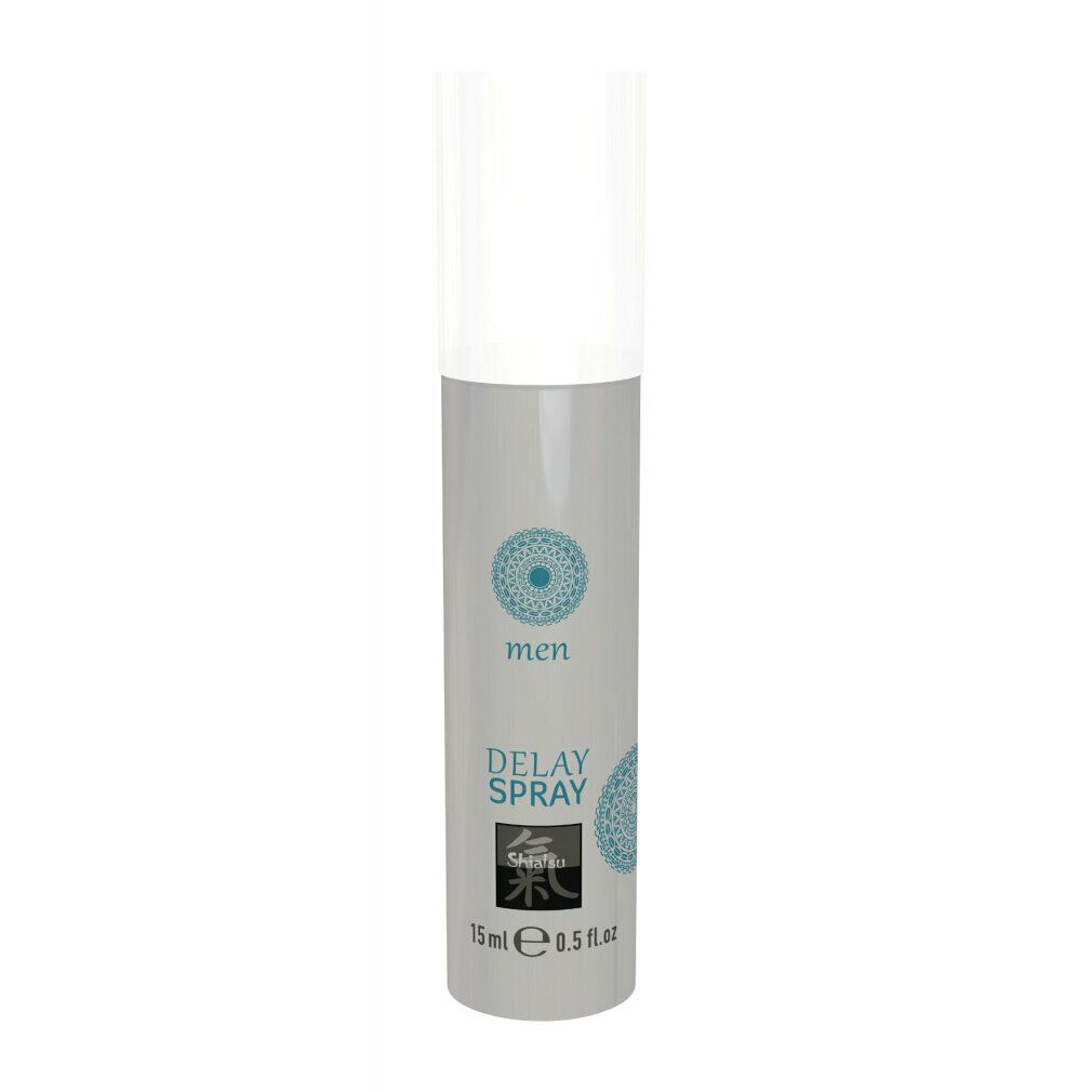 Sprayflasche. Aufschrift: Delay Spray, Shiatsu, 15 ml. Flasche mit weißem Deckel und blauem Muster.