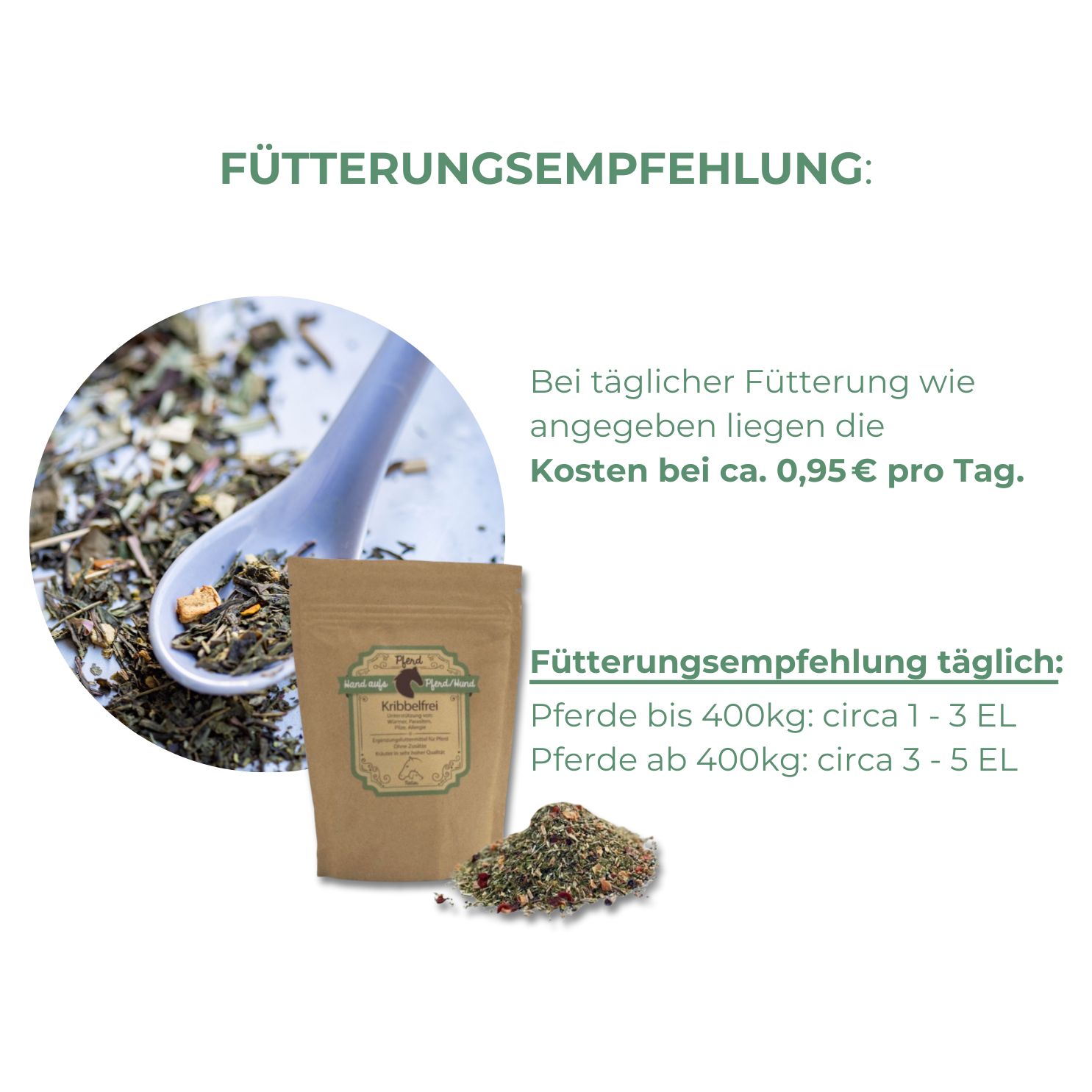 Beutel mit Kräutermischung und Löffel mit Kräutern. Text: Fütterungsempfehlung. Tägliche Kosten ca. 0,95 €. Fütterungsempfehlung täglich: Pferde bis 400kg: ca. 1-3 EL.