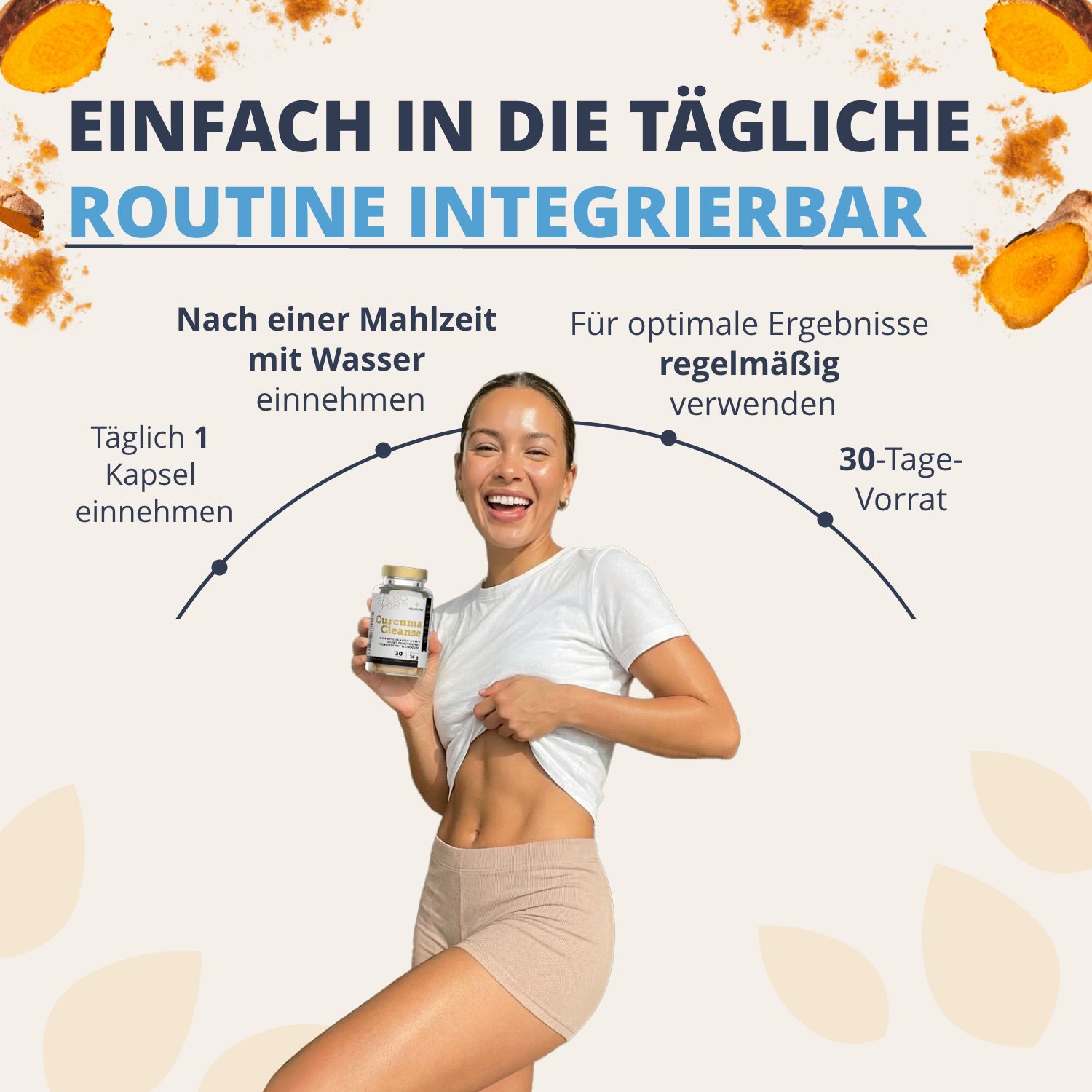 Frau integriert Curcuma Cleanse in ihre tägliche Routine: Einnahme, Anwendung und 30-Tage-Vorrat.