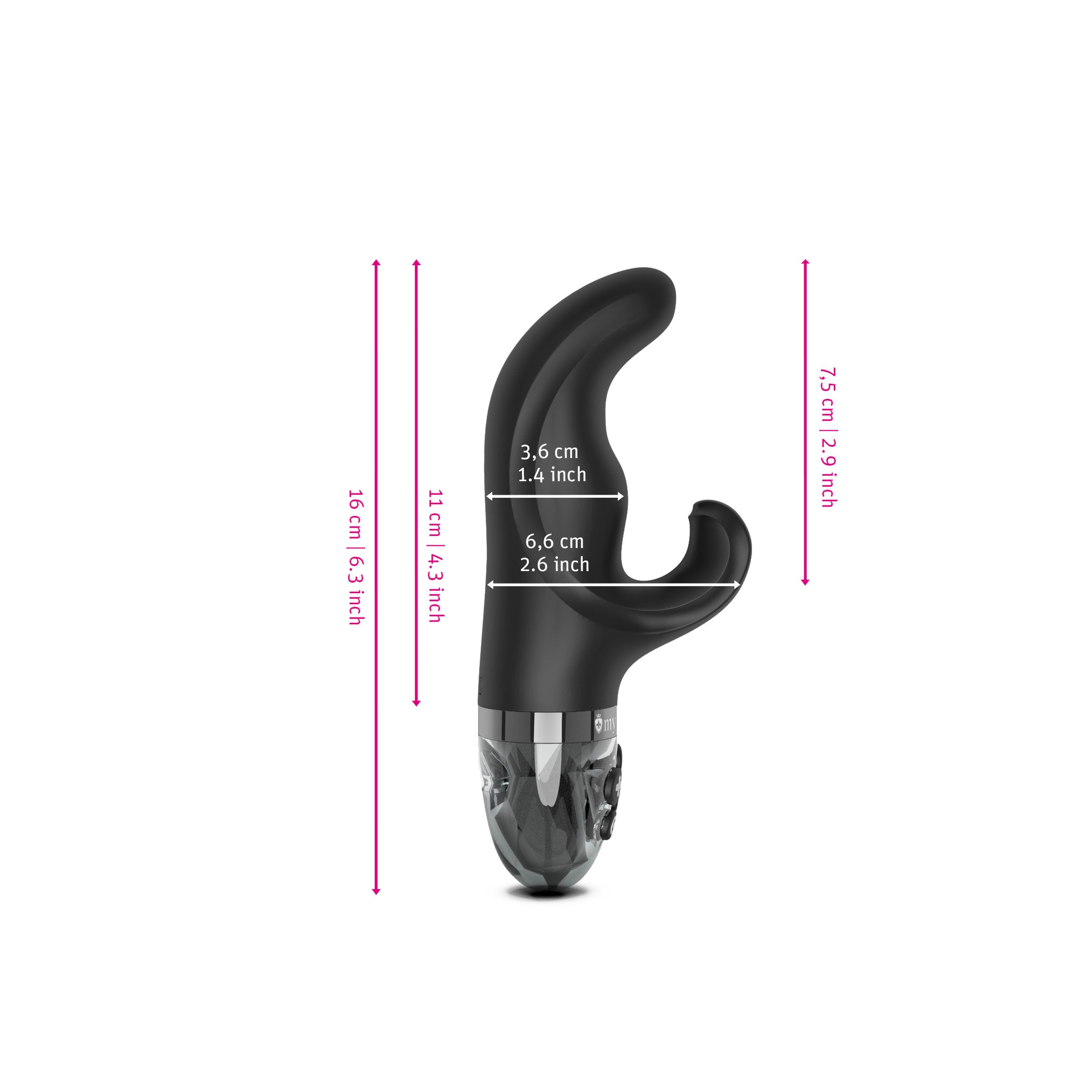 Schwarzer Vibrator mit Maßangaben. Maße: 16 cm hoch, 7,5 cm breit, 11 cm lang.