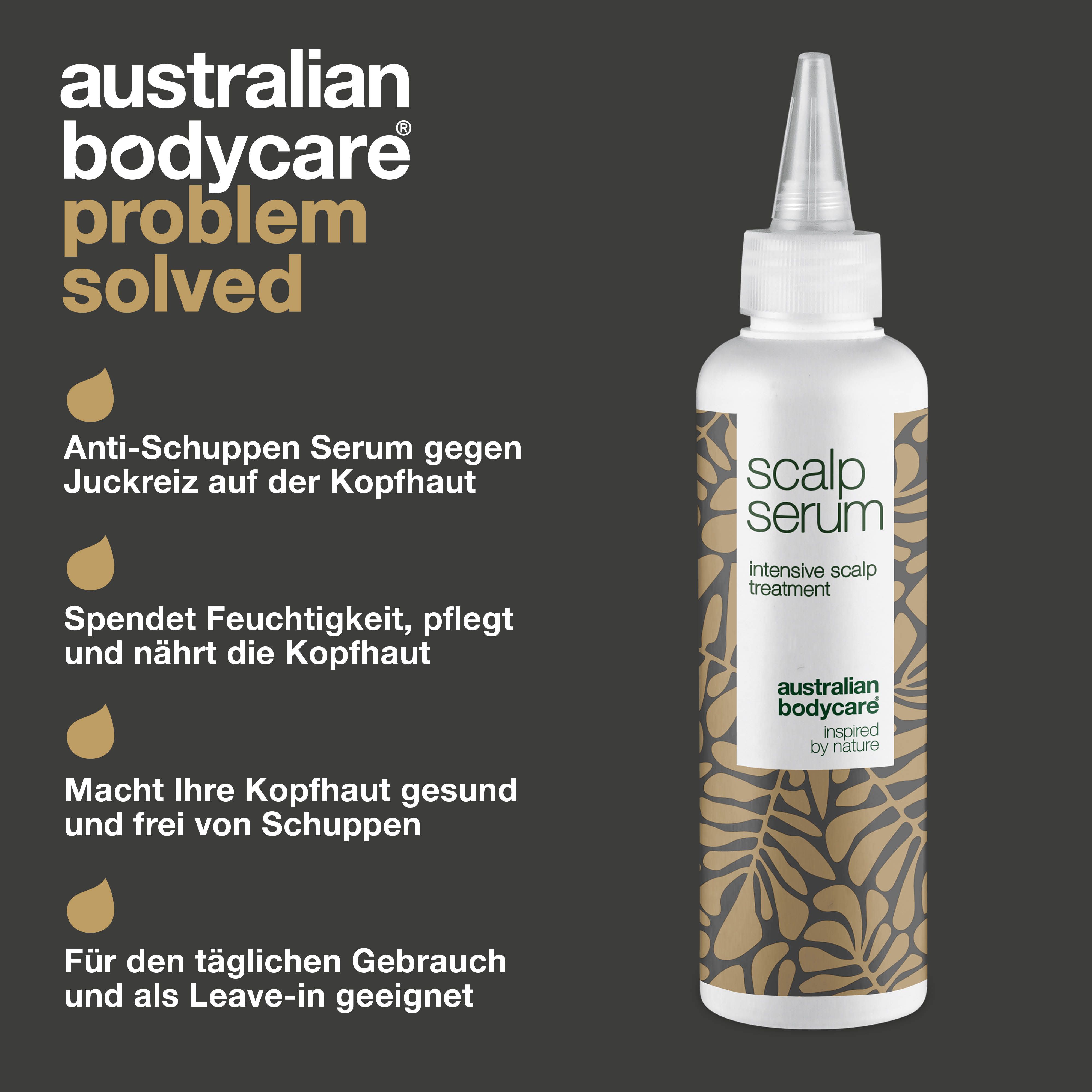 Problem gelöst. Anti-Schuppen Serum. Serumflasche: Scalp Serum, Australian Bodycare. Text.