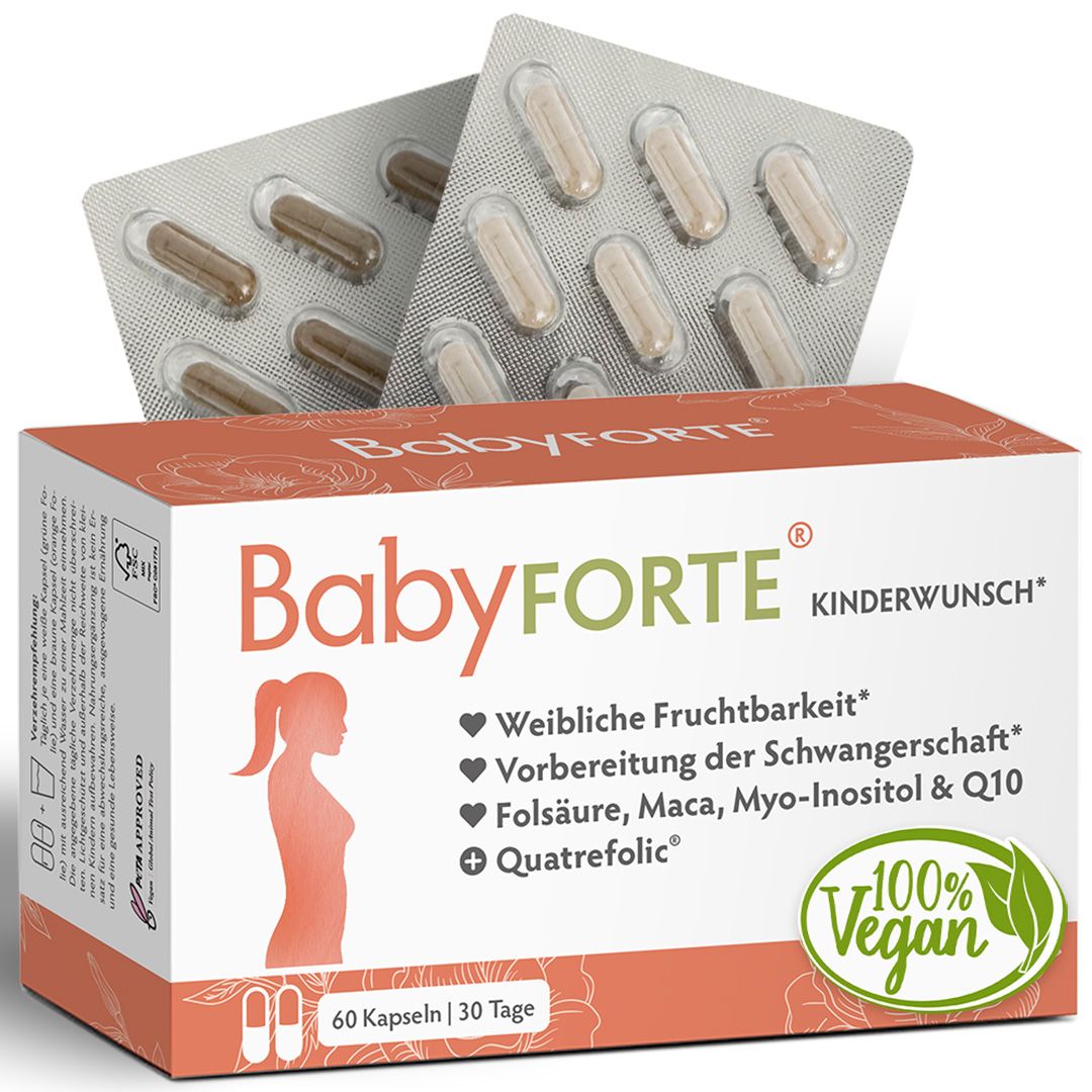 Schwangerer Bauch, Text 'Für Deine Fruchtbarkeit', Icons für Folsäure, Vegan, Made in Germany.