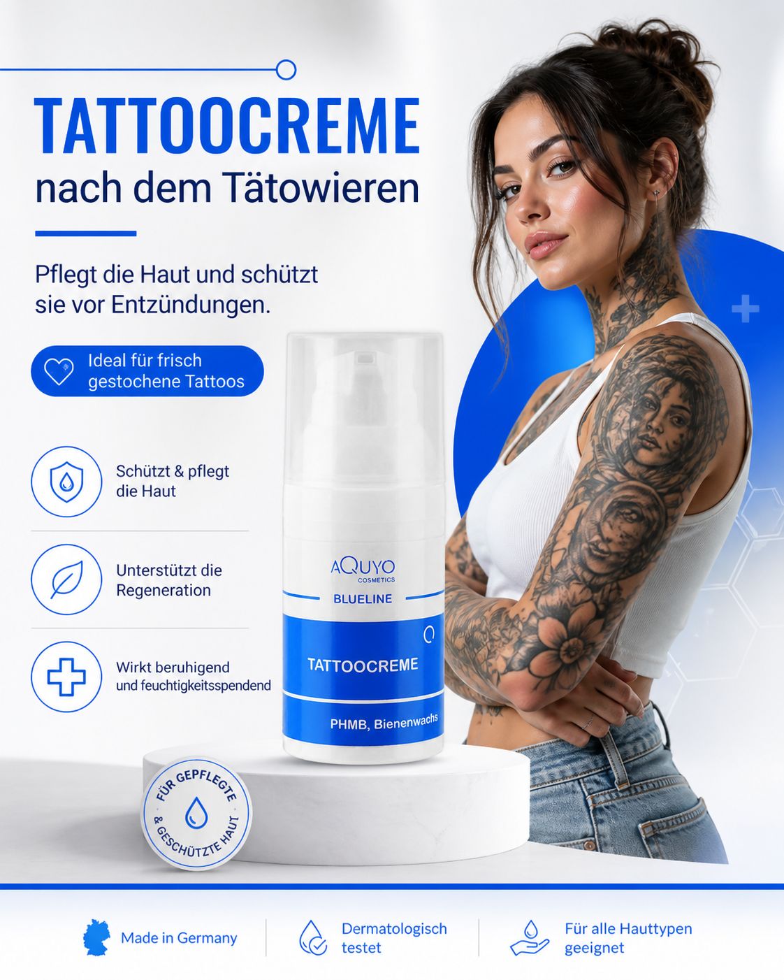 Blueline Tattoo Creme Flasche. Frau mit Tattoo am Hals und Arm. Text: Tattoo Creme nach dem Tätowieren. Pflegt und schützt die Haut.