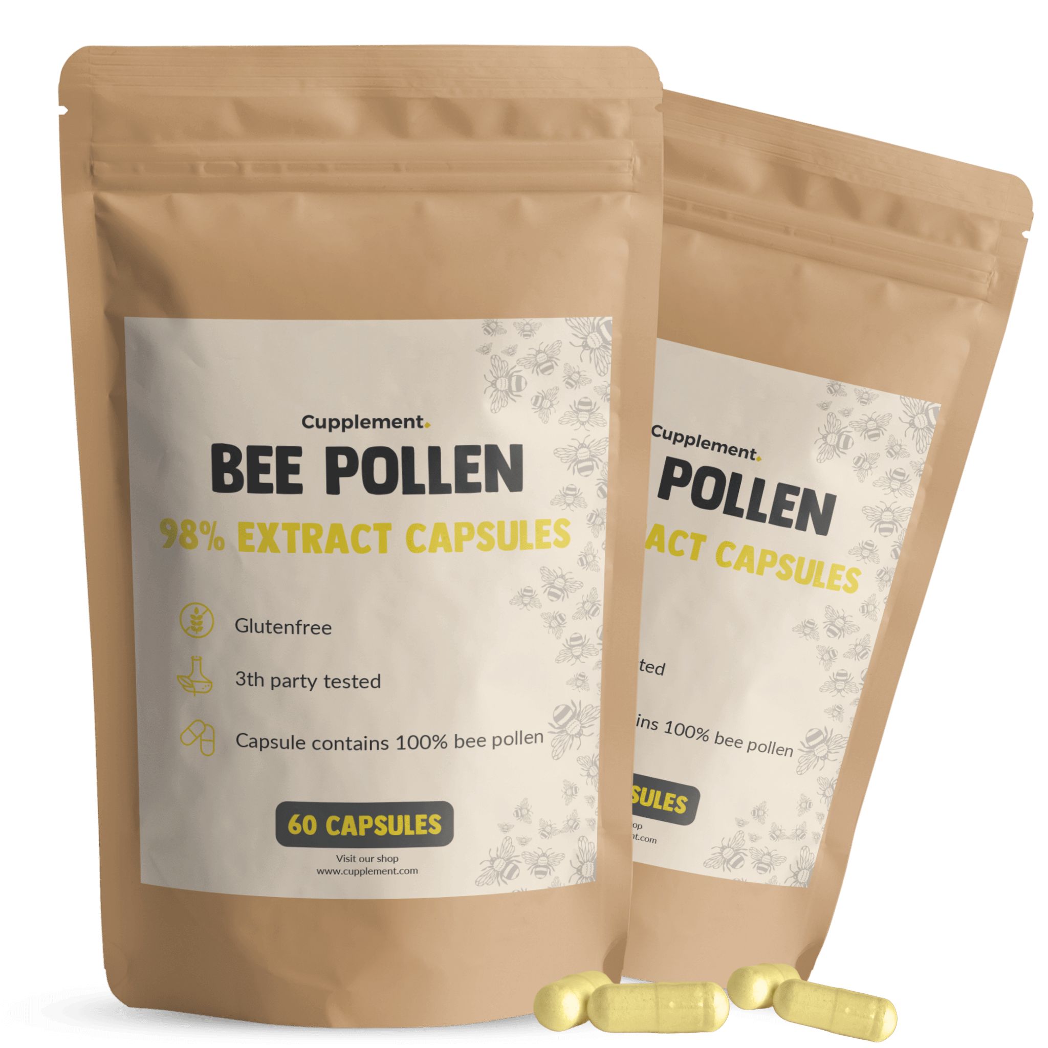 Zwei Beutel mit Aufschrift "Bee Pollen". 60 Kapseln. Glutenfrei. 3rd party tested. Gelbe Kapseln liegen daneben.