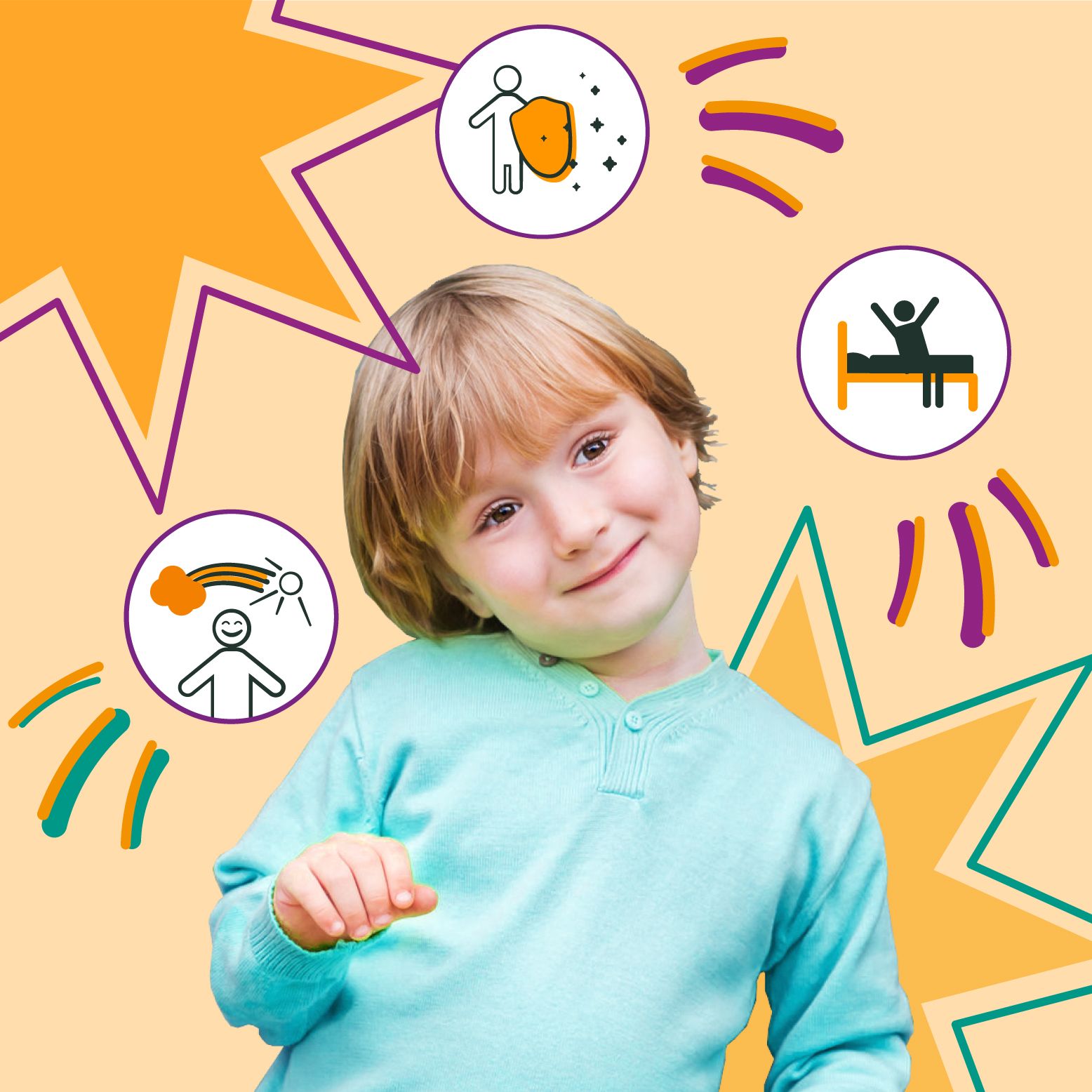 Ein lächelndes Kind vor Illustrationen. Kreisförmige Symbole mit Darstellungen von Immunität, Schlaf und Sonnenschein.