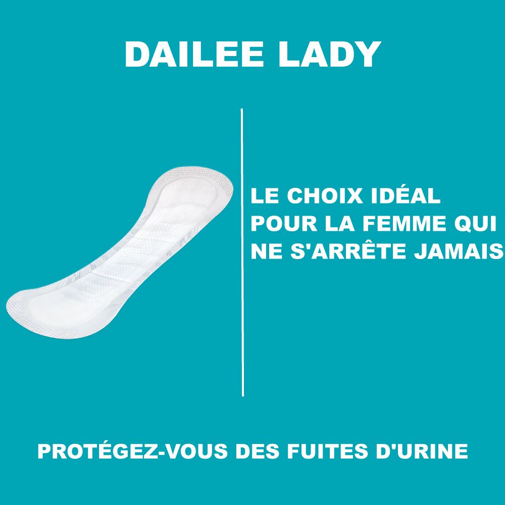 Dailee Lady. Serviette pour incontinence. Fond bleu. Texte: LE CHOIX IDÉAL POUR LA FEMME QUI NE S'ARRÊTE JAMAIS.