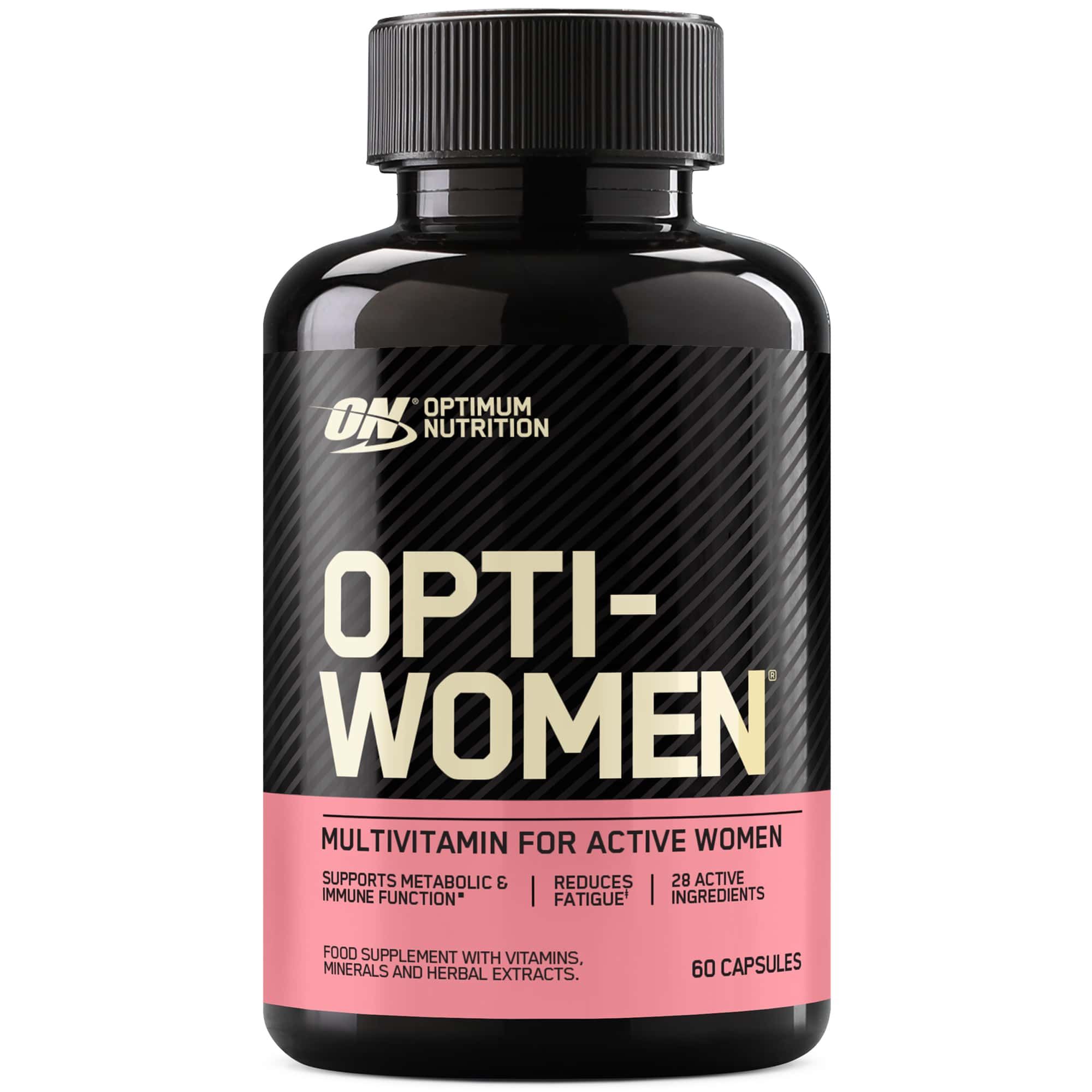 Schwarze Flasche mit "Opti-Women"-Etikett. Enthält 60 Kapseln. "Optimum Nutrition"-Logo. Rosa Etikett mit Produktinformationen.