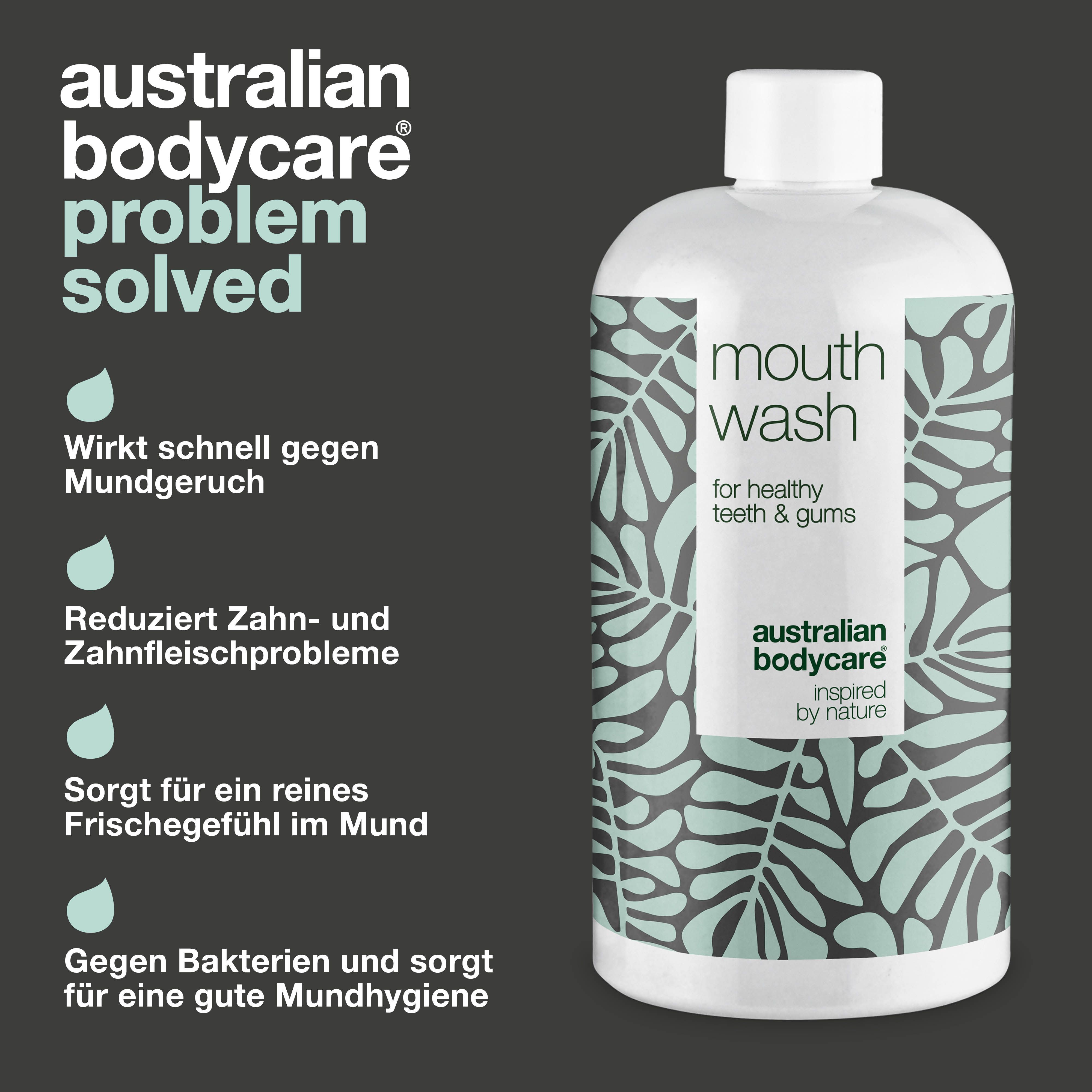 Bild mit Text und Flasche Mundspülung. Aufschrift: Australian Bodycare, Problem gelöst. Mouth Wash, für gesunde Zähne & Zahnfleisch.