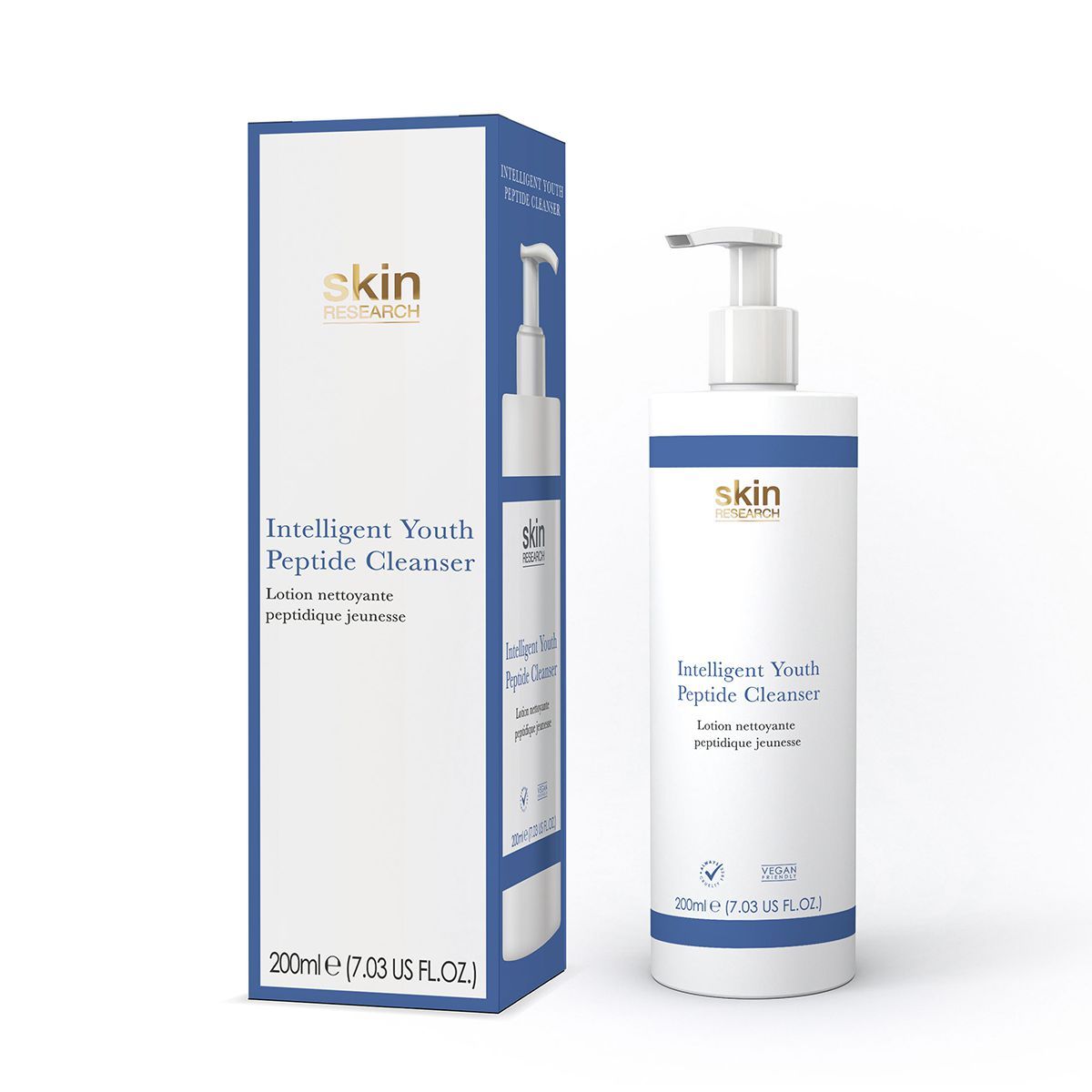Hautpflegeprodukt mit Pumpe und Verpackung. Aufschrift: Intelligent Youth Peptide Cleanser. Marke: Skin Research.
