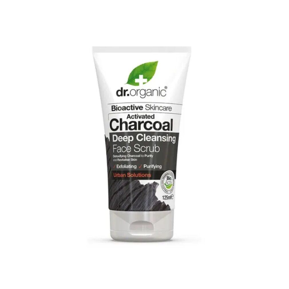 Weisse Tube mit schwarzem Gesichtspeeling. Aufschrift: Dr. Organic, Charcoal, Deep Cleansing Face Scrub. Bio-Siegel.