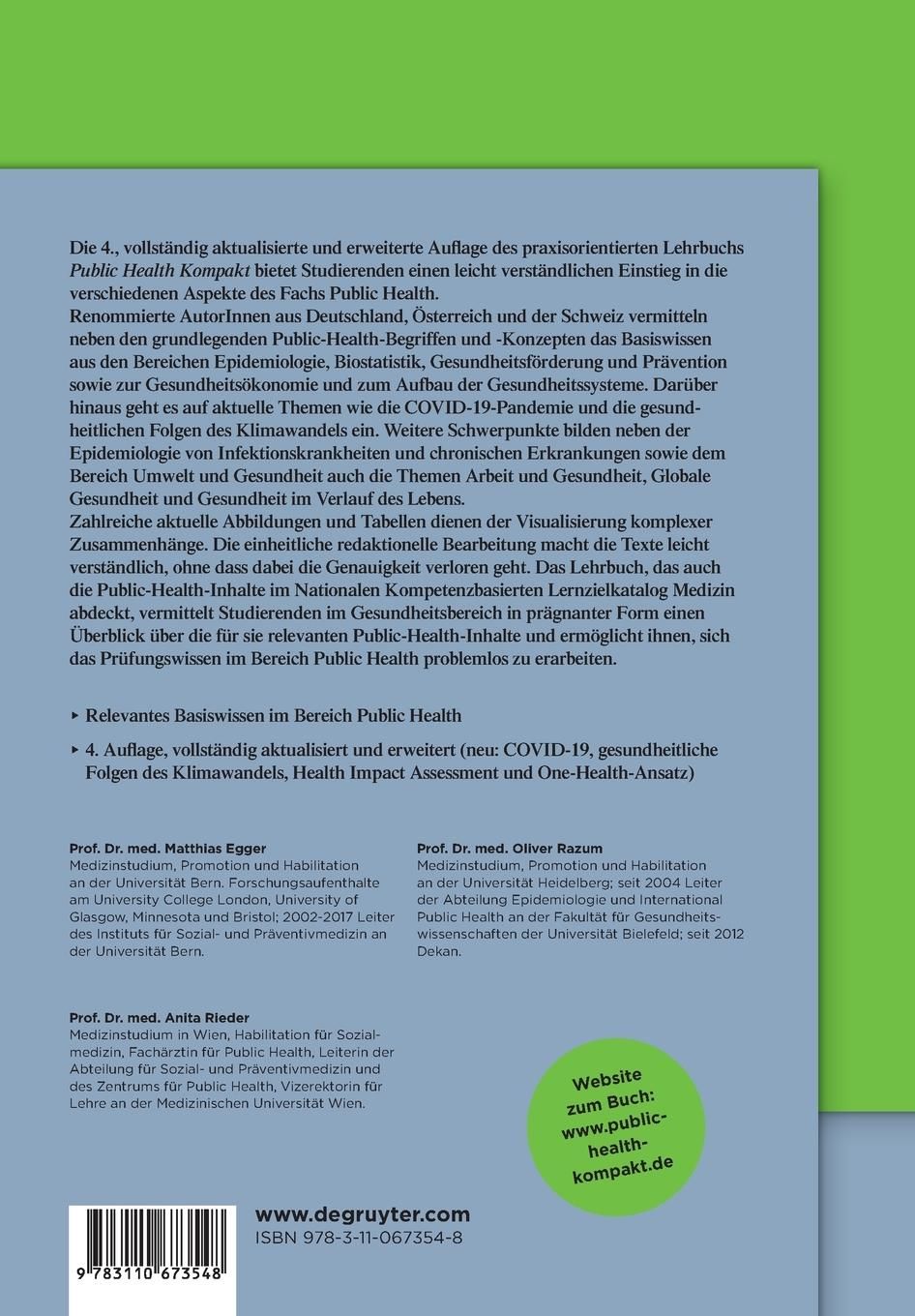 Buchrücken von Public Health Kompakt. Titel, Autoren, ISBN und Website-Adresse. Text über Inhalte und Schwerpunkte des Lehrbuchs.