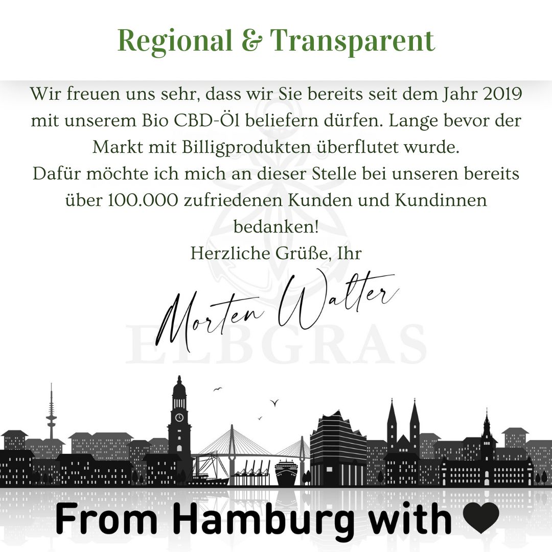 Text über Bio CBD-Öl, seit 2019. Unterschrift von Morten Walter. Skyline von Hamburg. From Hamburg with love.
