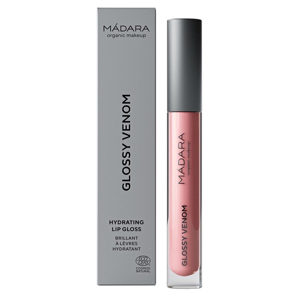 Lucidalabbra con confezione grigia. Nome prodotto: Glossy Venom. Marchio: MÁDARA. Prodotto cosmetico.