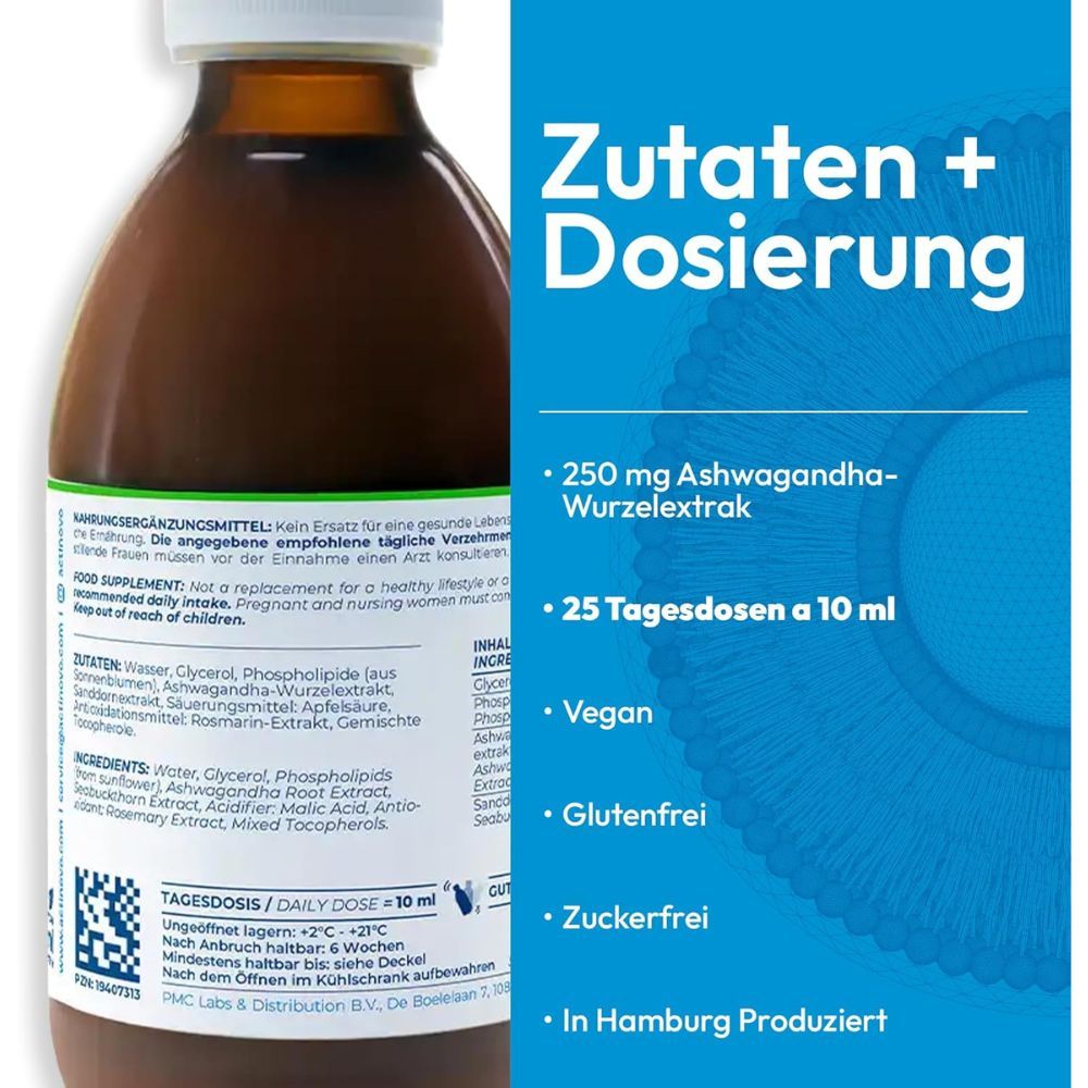 Etikett mit Informationen zu Zutaten und Dosierung. Enthält Angaben zu Inhaltsstoffen und Tagesdosis.