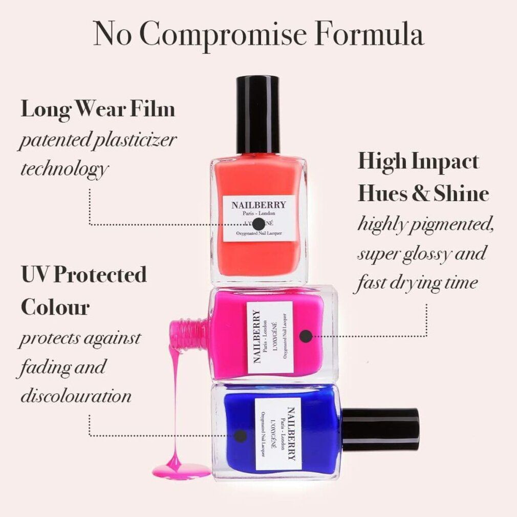Drei Nagellackflaschen in Rot, Pink und Blau. Text: NAILBERRY. Beschriftungen: Long Wear Film, High Impact Hues & Shine, UV Protected Colour.