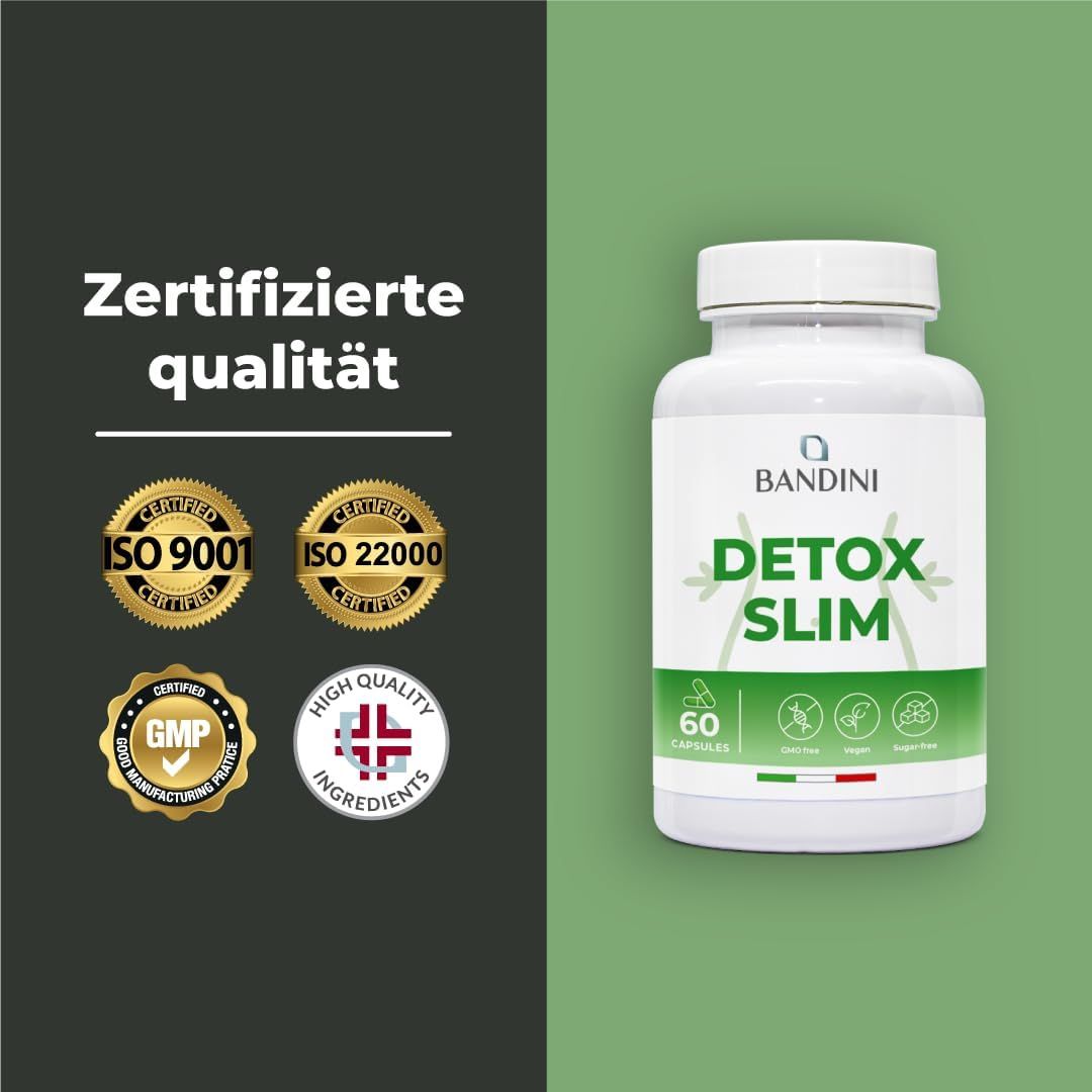 Weiße Flasche mit grüner Aufschrift DETOX SLIM. 60 Kapseln. Zertifizierungen: ISO 9001, ISO 22000, GMP, High Quality Ingredients.