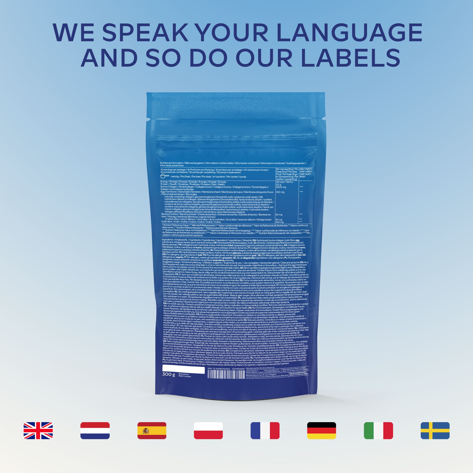 Rückseite der blauen Tüte. Text in verschiedenen Sprachen. Flaggen: UK, NL, ES, PL, FR, DE, IT, SE.