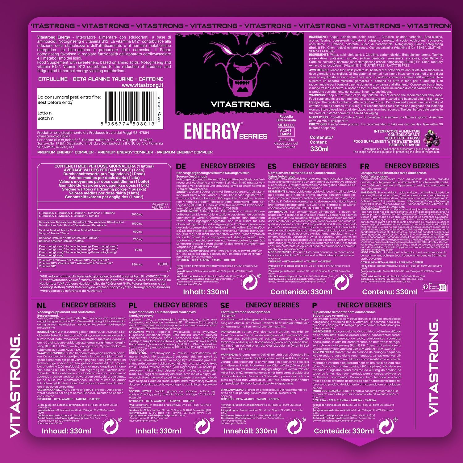 Vitastrong Energy Berries. Rückseite der Verpackung. Text in verschiedenen Sprachen. Inhalt: 330ml.
