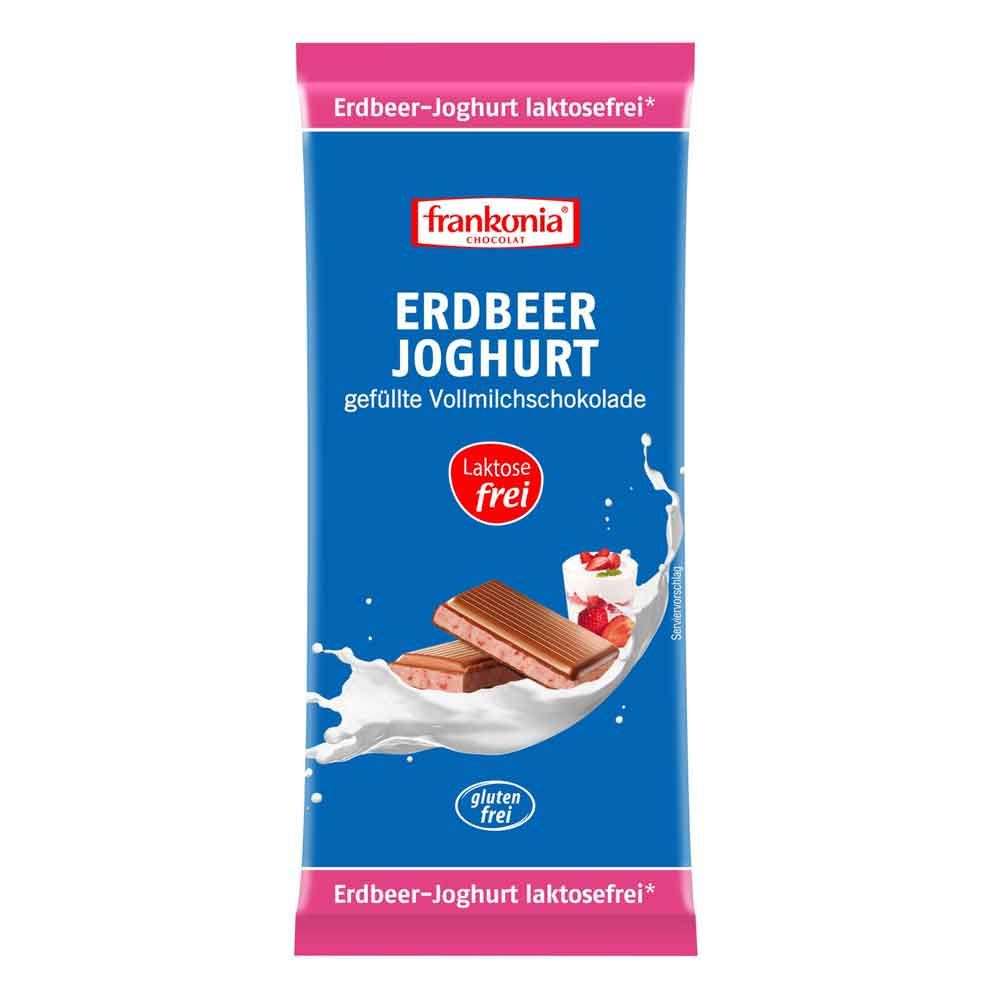 Verpackung mit Schokolade. Aufschrift: Erdbeer Joghurt, laktosefrei, glutenfrei. Marke: Frankonia.