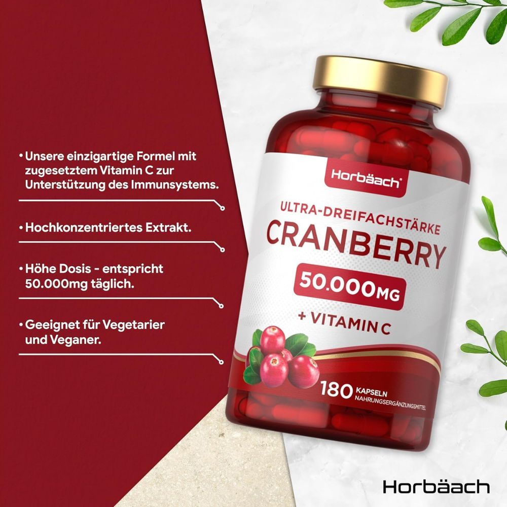Rote Kapseln in einer Flasche. Aufschrift: Cranberry 50.000mg + Vitamin C. 180 Kapseln.