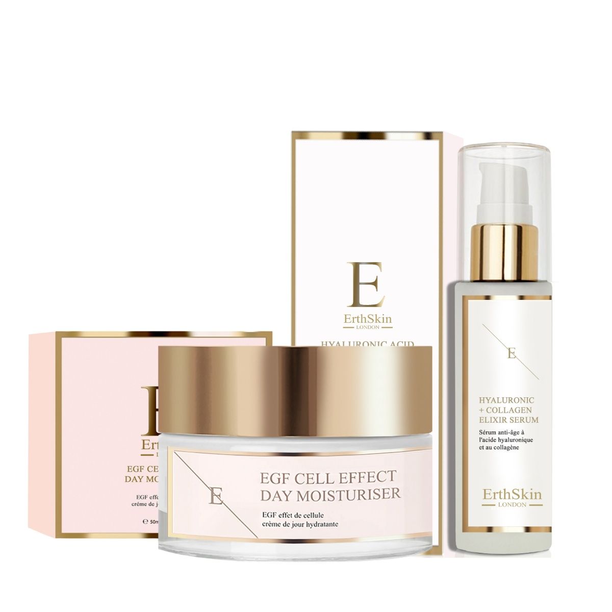 Crème en serum met verpakkingen. Opschrift: ErthSkin London, EGF Cell Effect Day Moisturiser, Hyaluronzuur en Collageen Serum.
