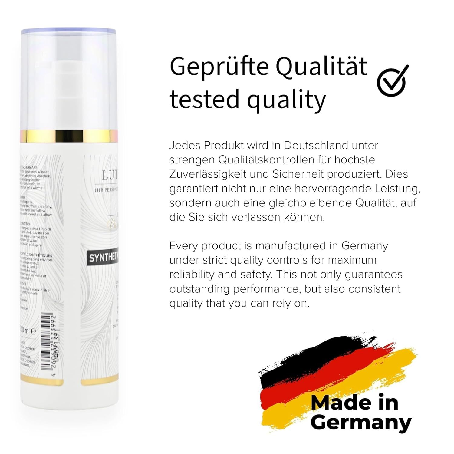 Flasche mit LUTTMANN® Synthetik Hair. Text: Geprüfte Qualität. Made in Germany. Flagge Deutschland.